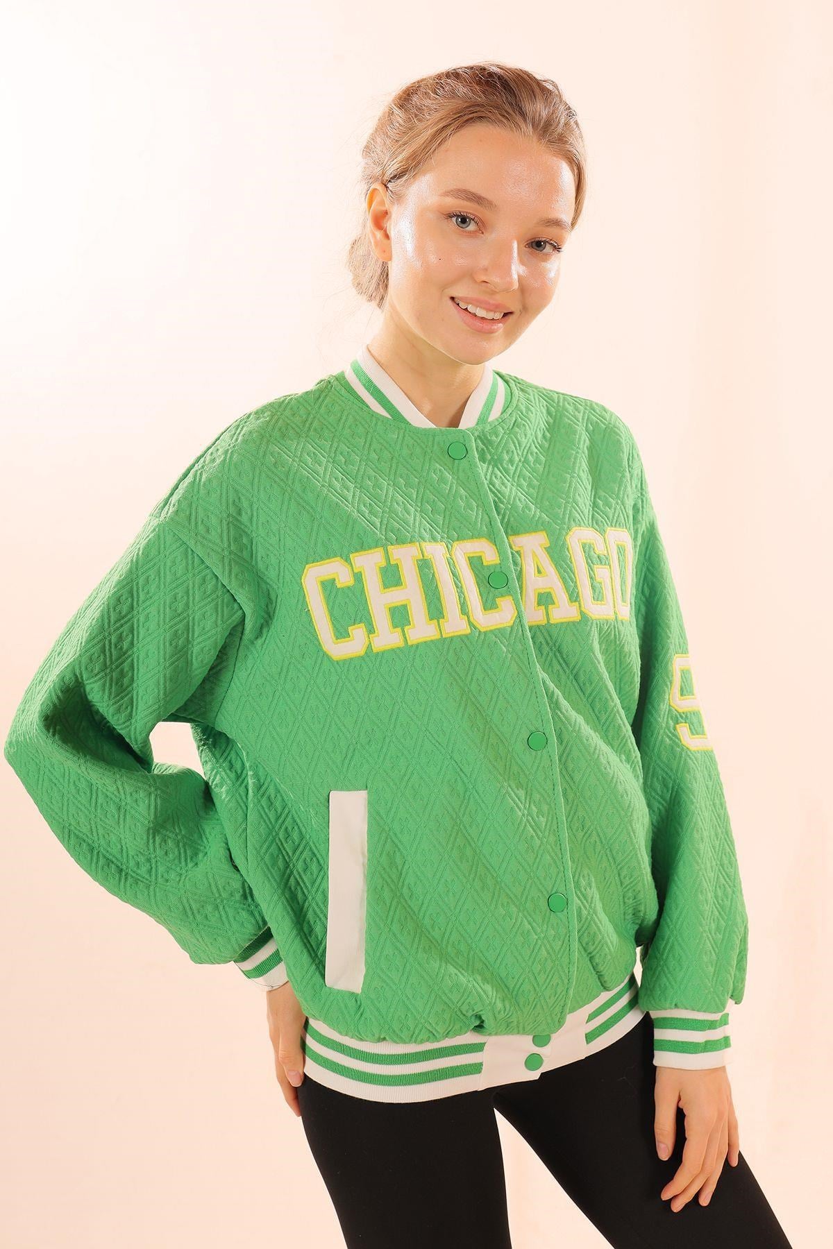Yeşil Chicago Nakış Kolej Ceket 1028
