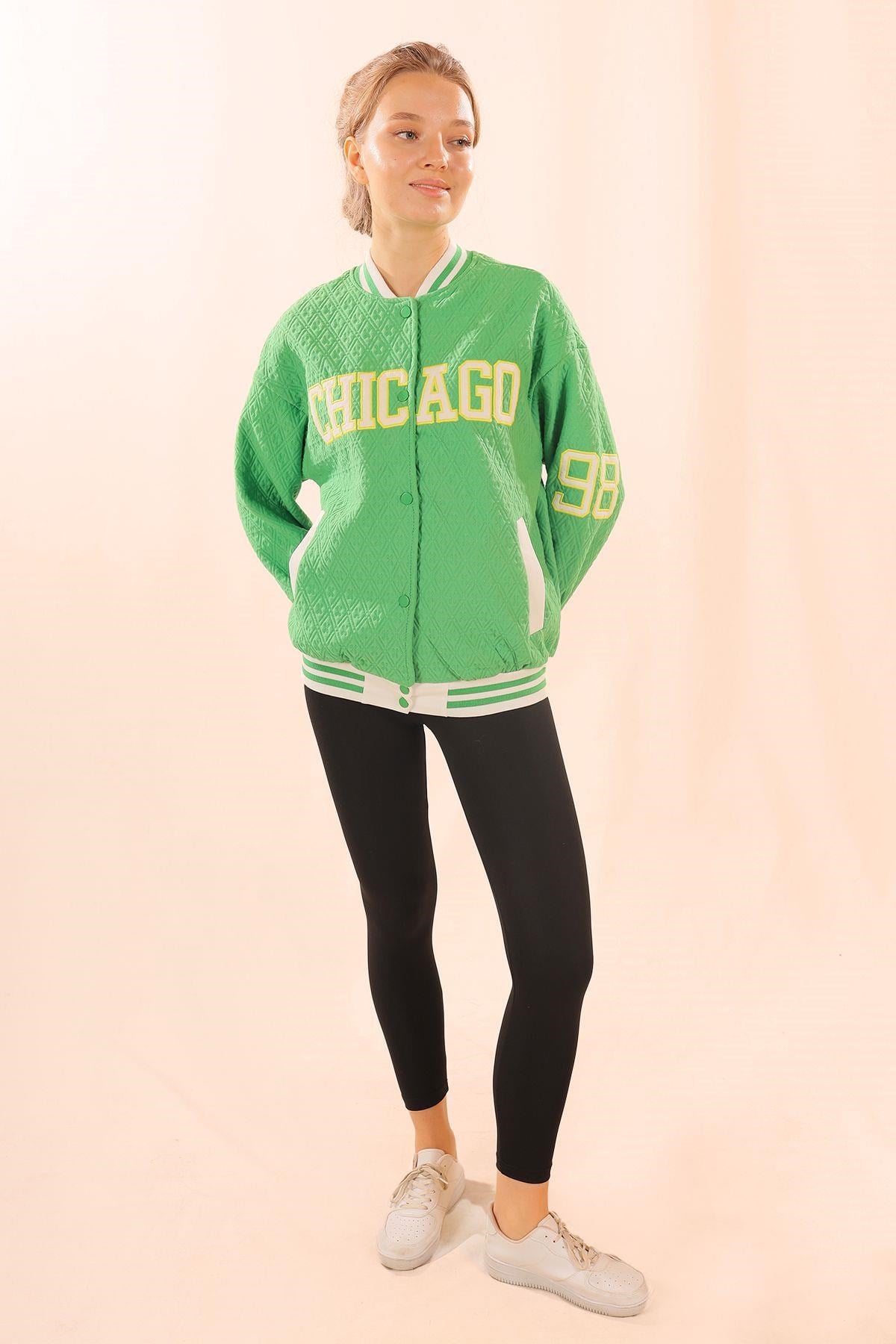 Yeşil Chicago Nakış Kolej Ceket 1028