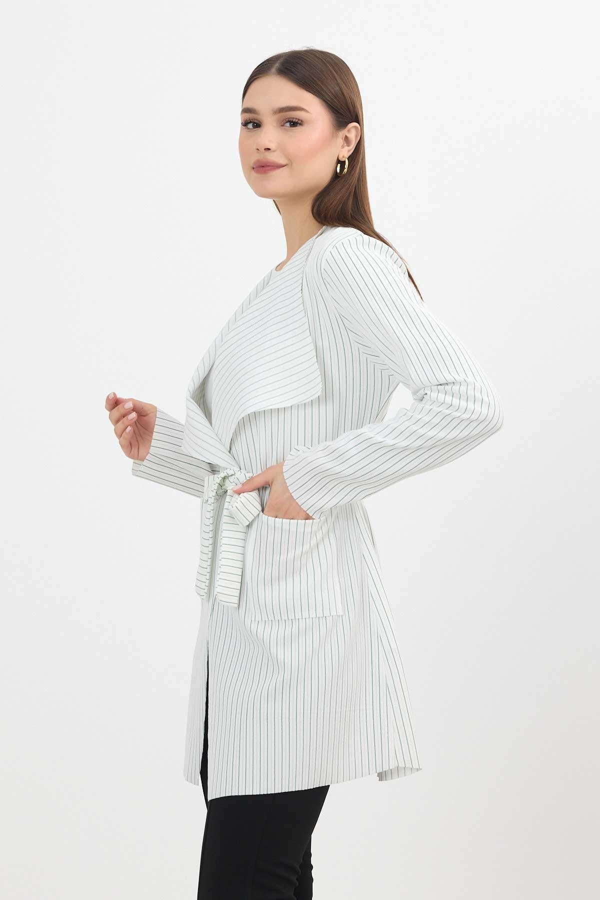 Yeşil Çizgili Cepli Uzun Hırka 1059
