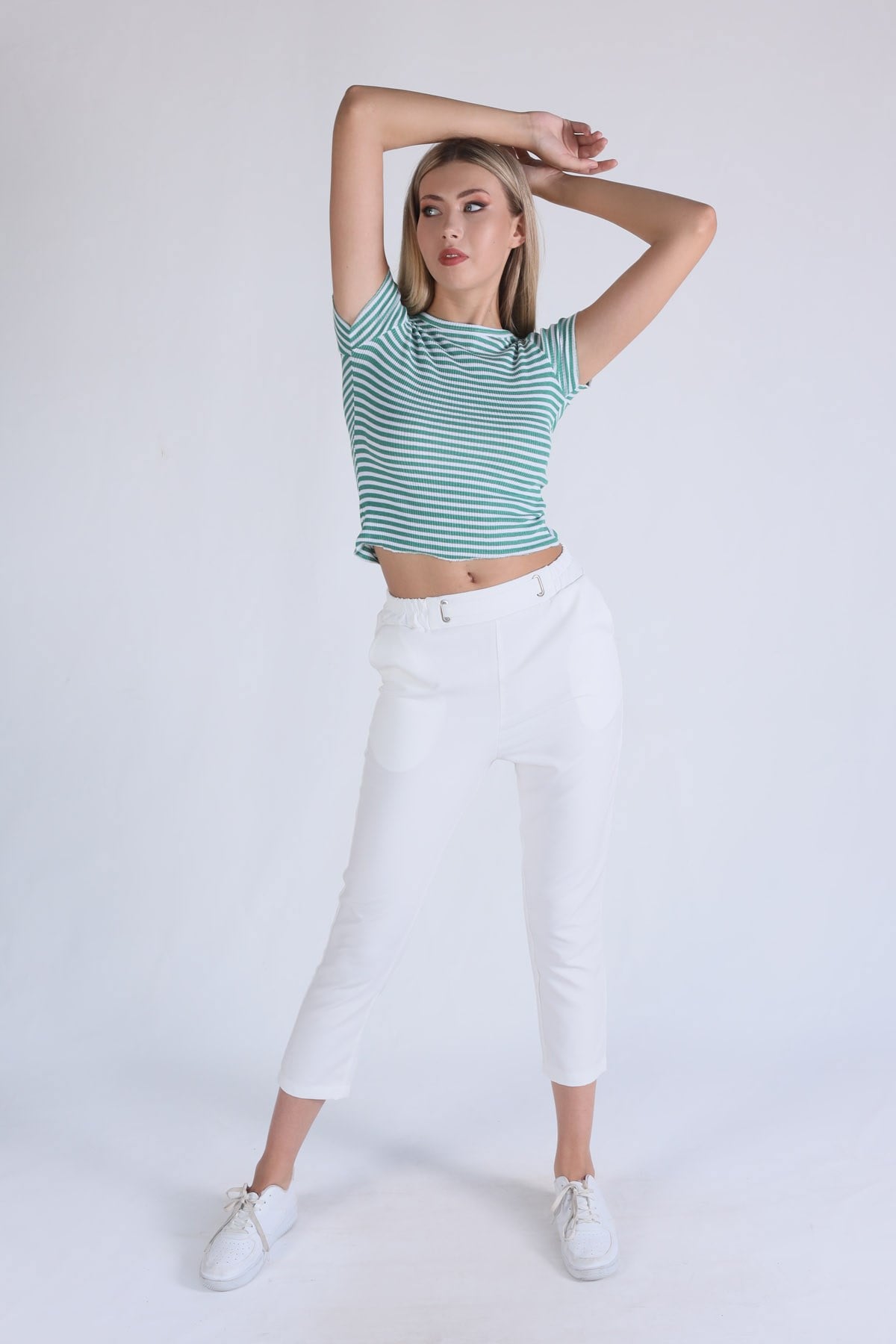 Yeşil Çizgili Crop Bluz 5285