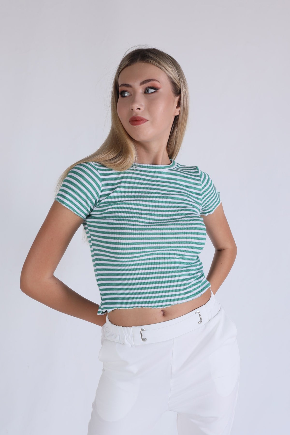 Yeşil Çizgili Crop Bluz 5285