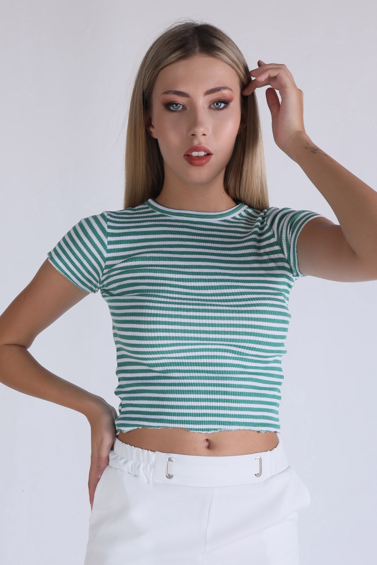 Yeşil Çizgili Crop Bluz 5285