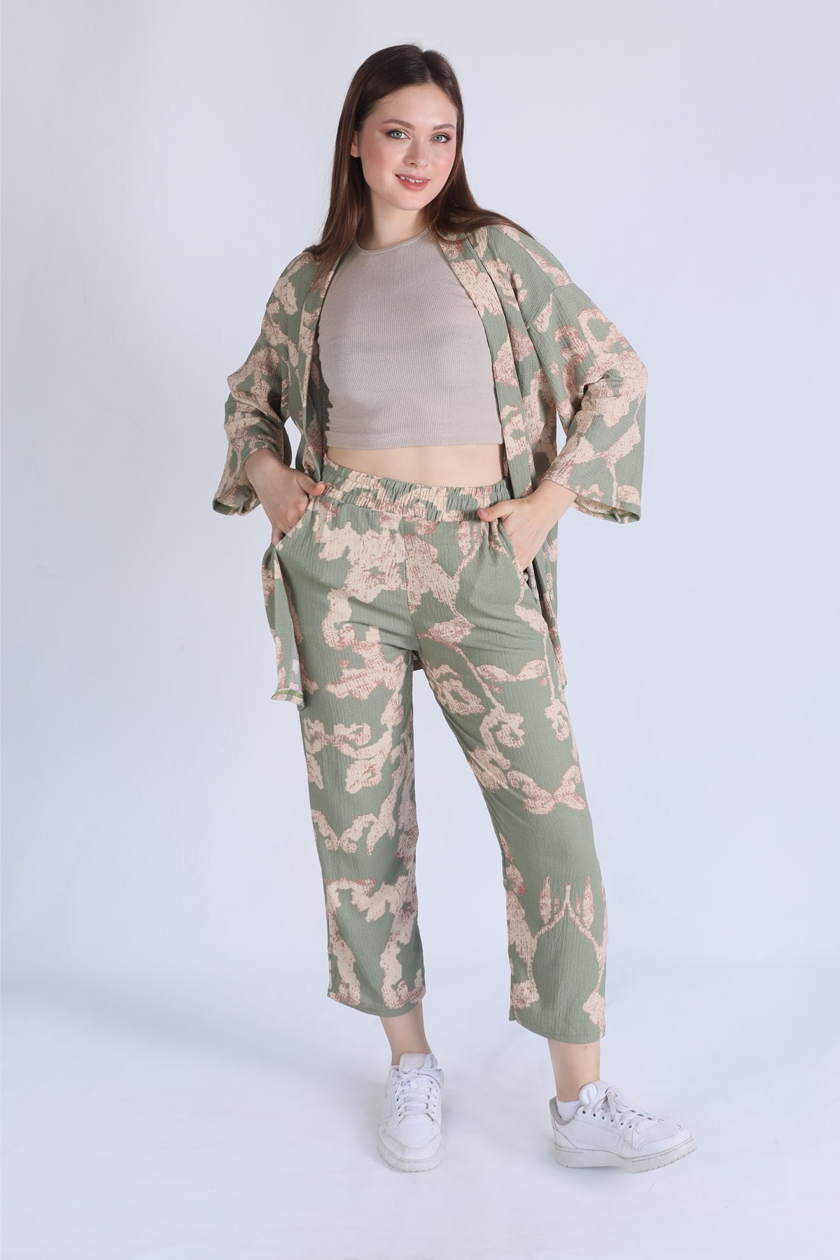 Yeşil Desenli Kimono Takım 6729