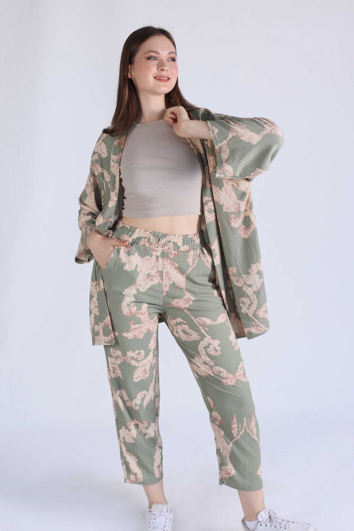Yeşil Desenli Kimono Takım 6729