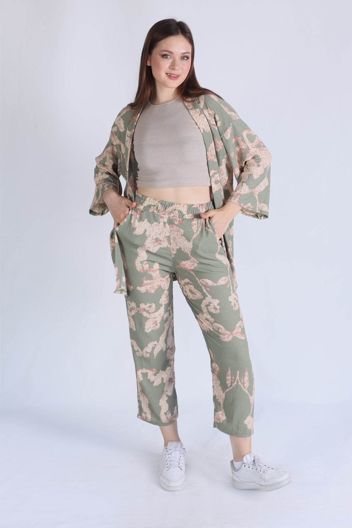 Yeşil Desenli Kimono Takım 6729