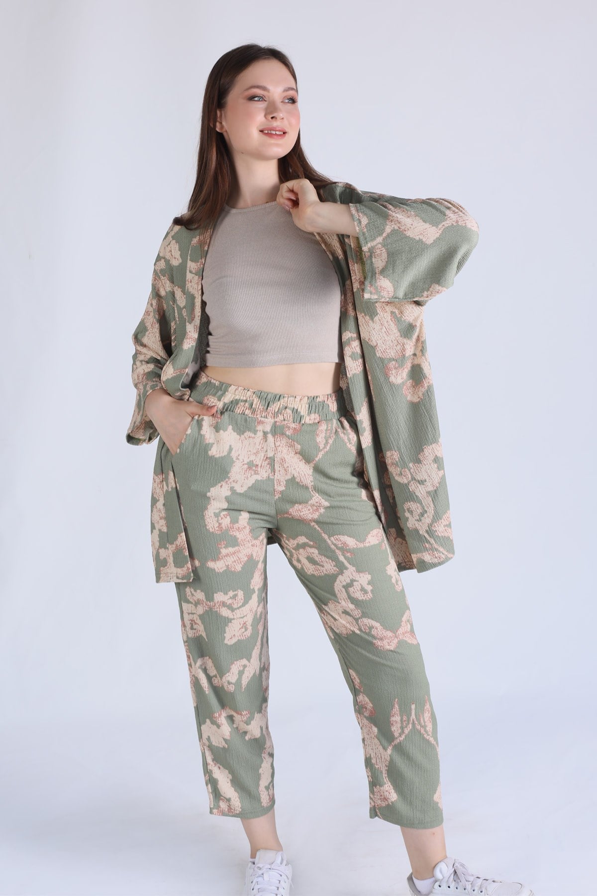 Yeşil Desenli Kimono Takım 6729