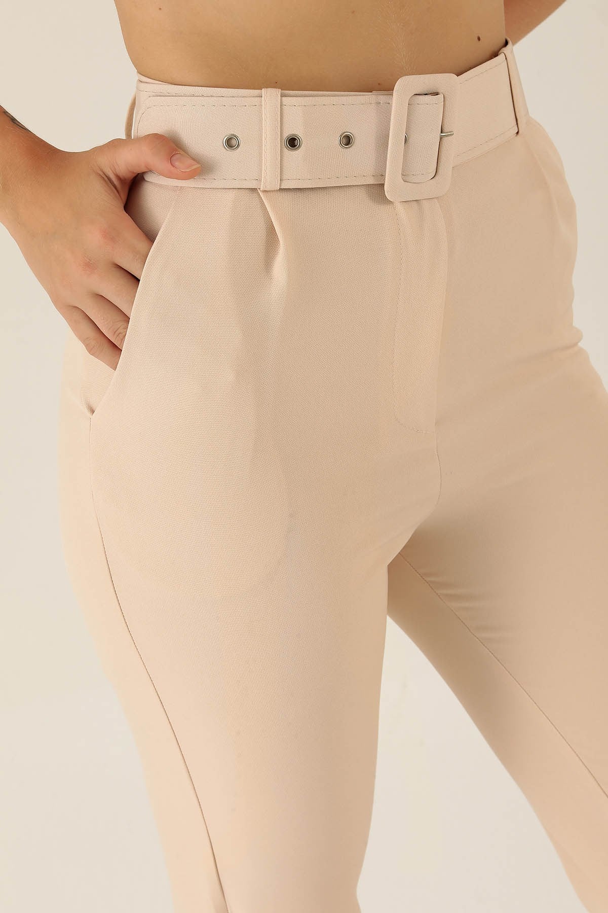 Yüksek Bel Kalın Kemerli Bayan Pantolon - 7091A Taş