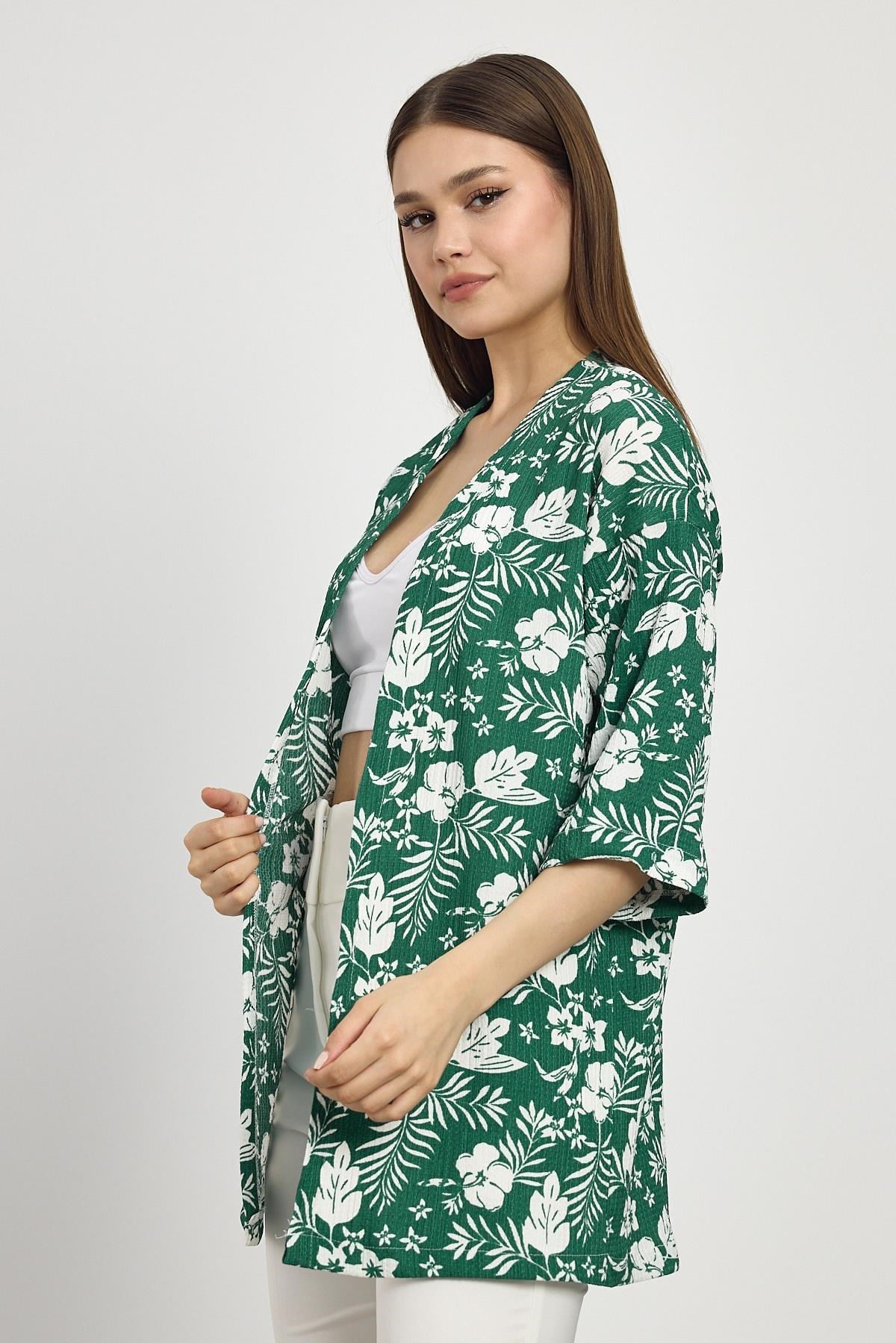 Zümrüt Çiçek Desen Fakir Kol Kimono 4463A