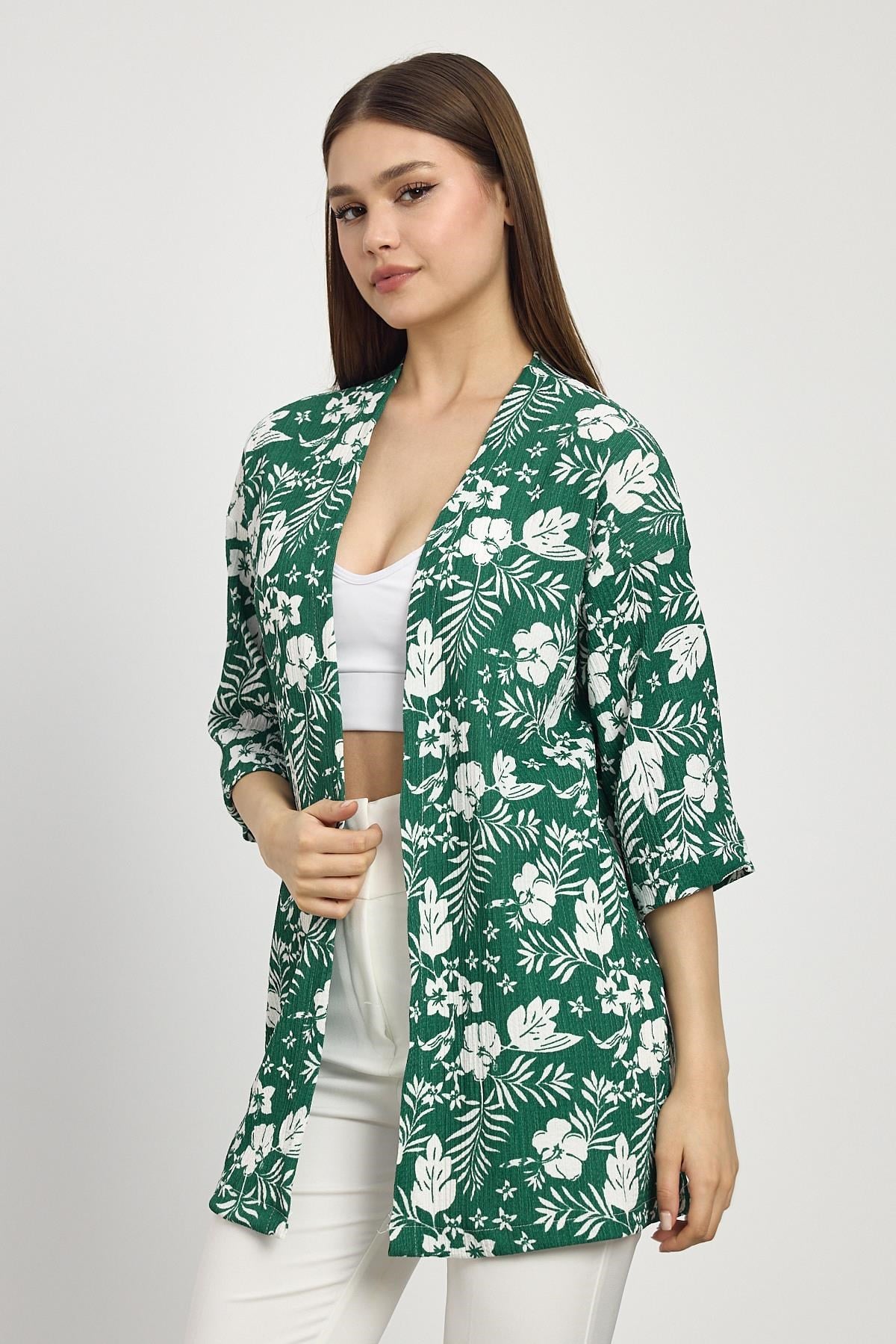 Zümrüt Çiçek Desen Fakir Kol Kimono 4463A