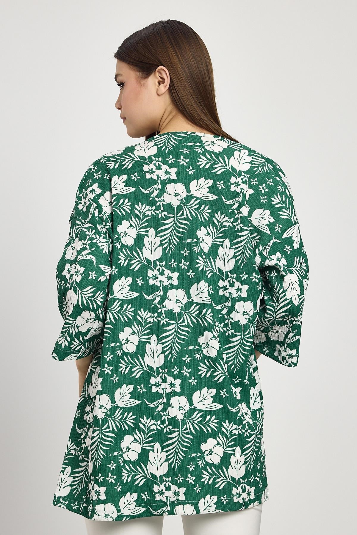 Zümrüt Çiçek Desen Fakir Kol Kimono 4463A