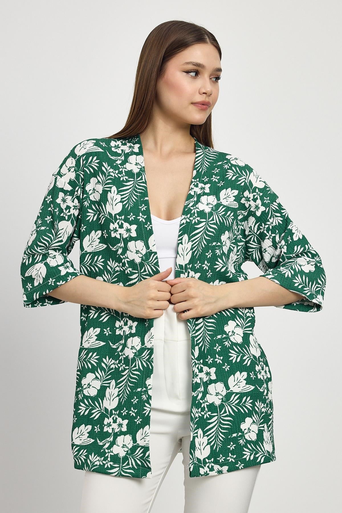 Zümrüt Çiçek Desen Fakir Kol Kimono 4463A