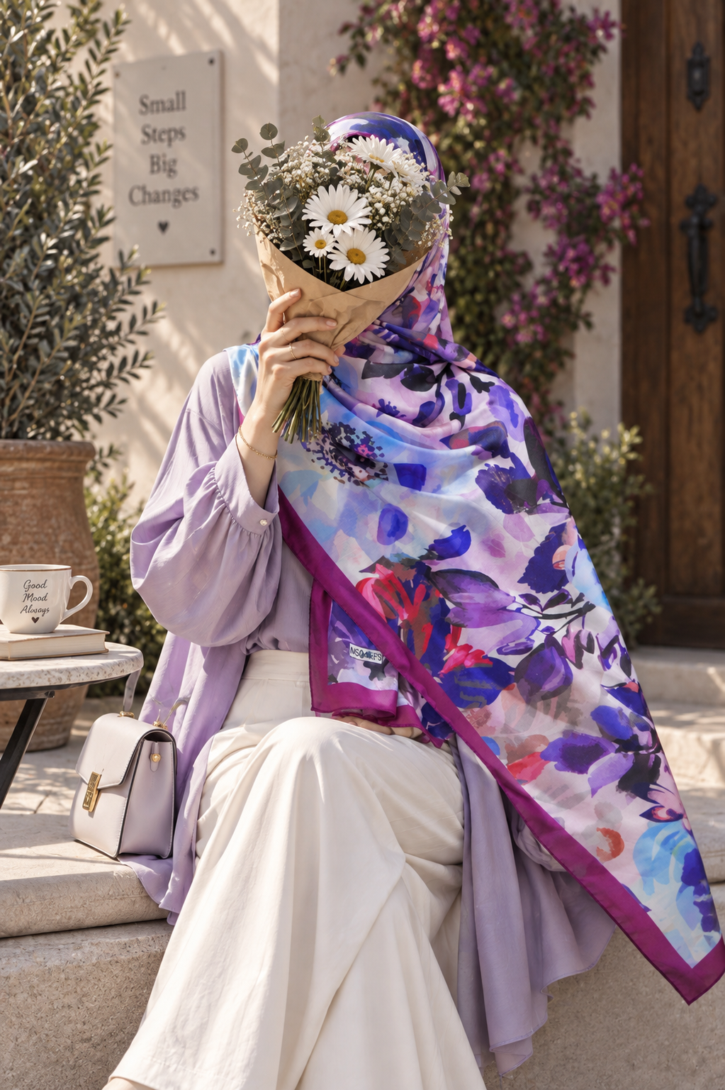 Orchid Desen Pamuk Vual İpek Şal Lavanta