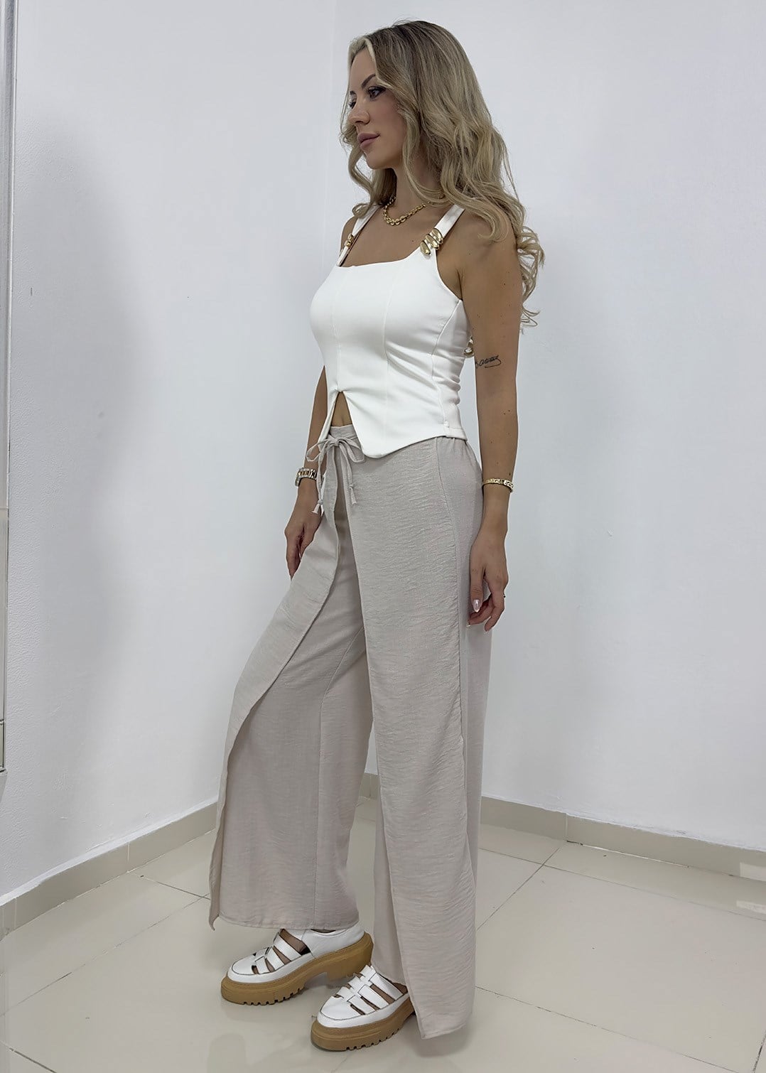 Bağcıklı Bel Detaylı Krep Anvelop Pantolon - Taş
