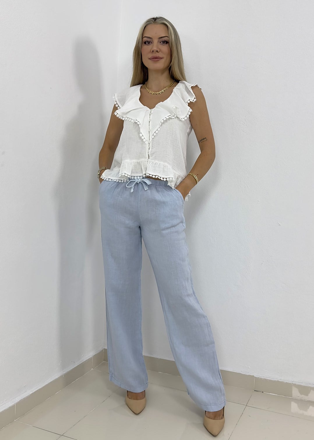 Beli Lastikli İpli Bol Paça Keten Pantolon - Bebe Mavi