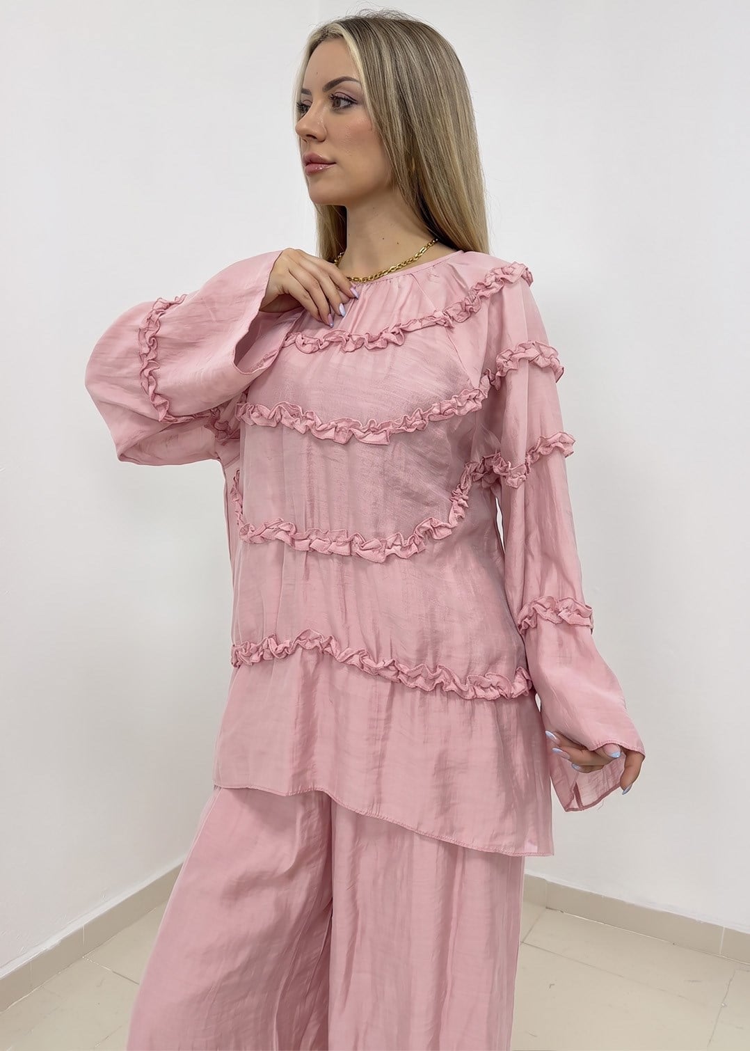 Fırfırlı Pantolonu Astarlı Takım - Pembe