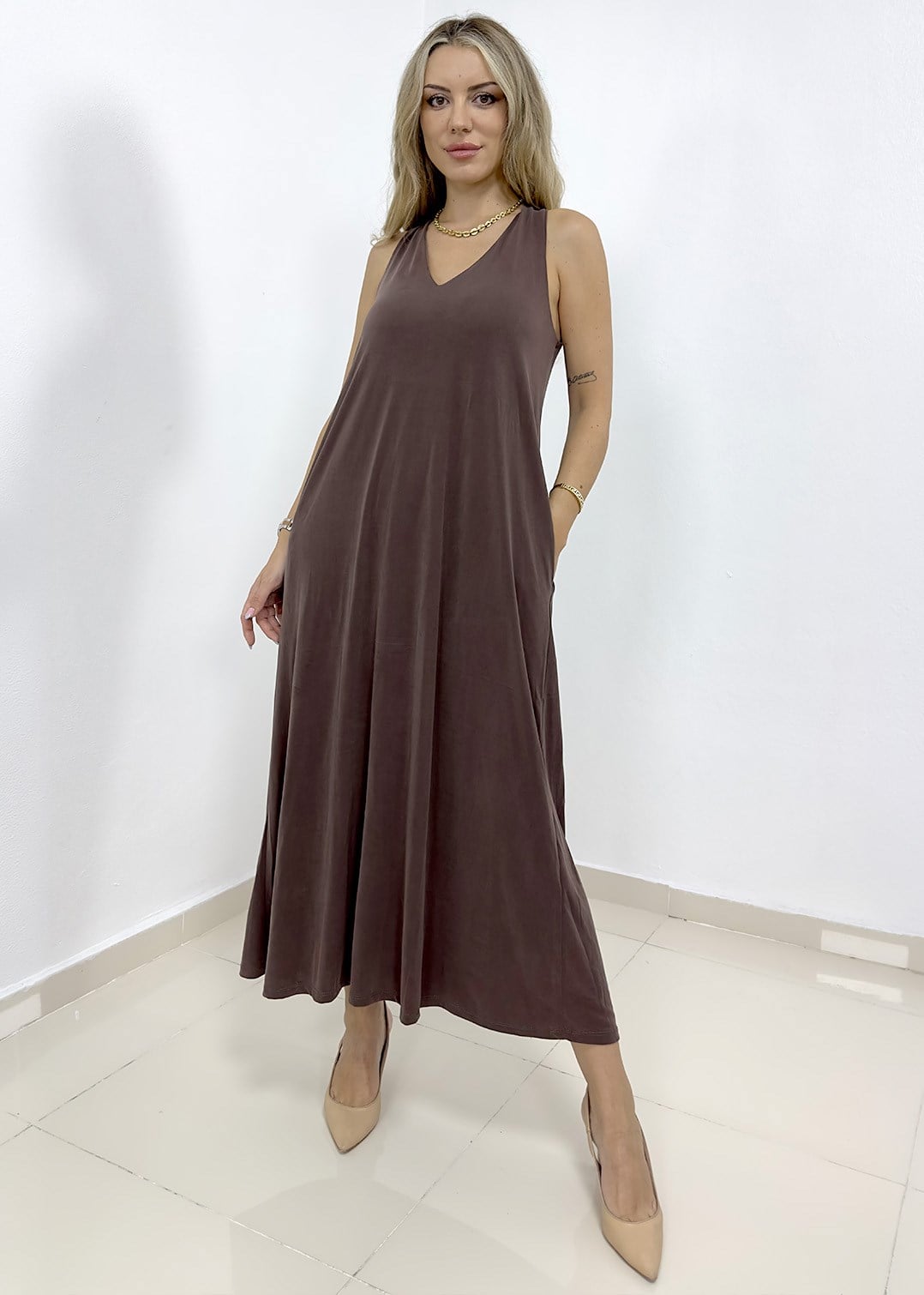 Halter Yaka Modal Kumaş Cepli Elbise - Vizon