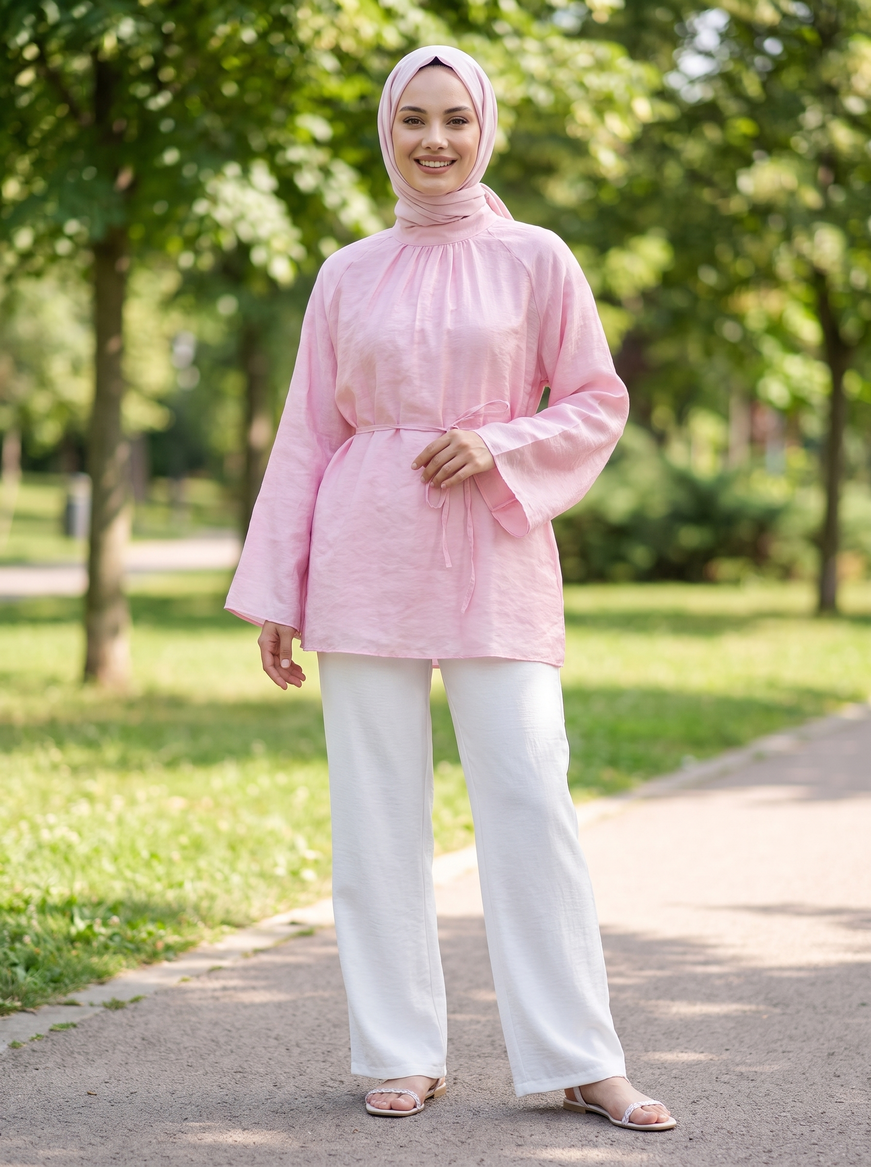 Reglan Kol Yakası Büzgülü Tül Vual Tunik - Pembe