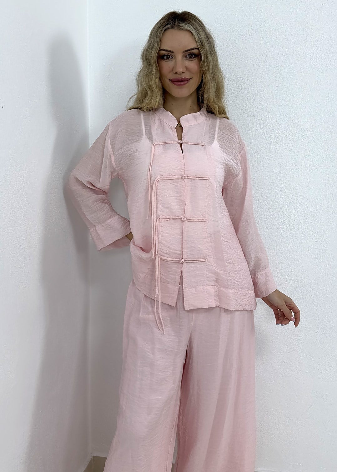 Süslü Düğmeli Pantolonu Astarlı Takım - Pembe