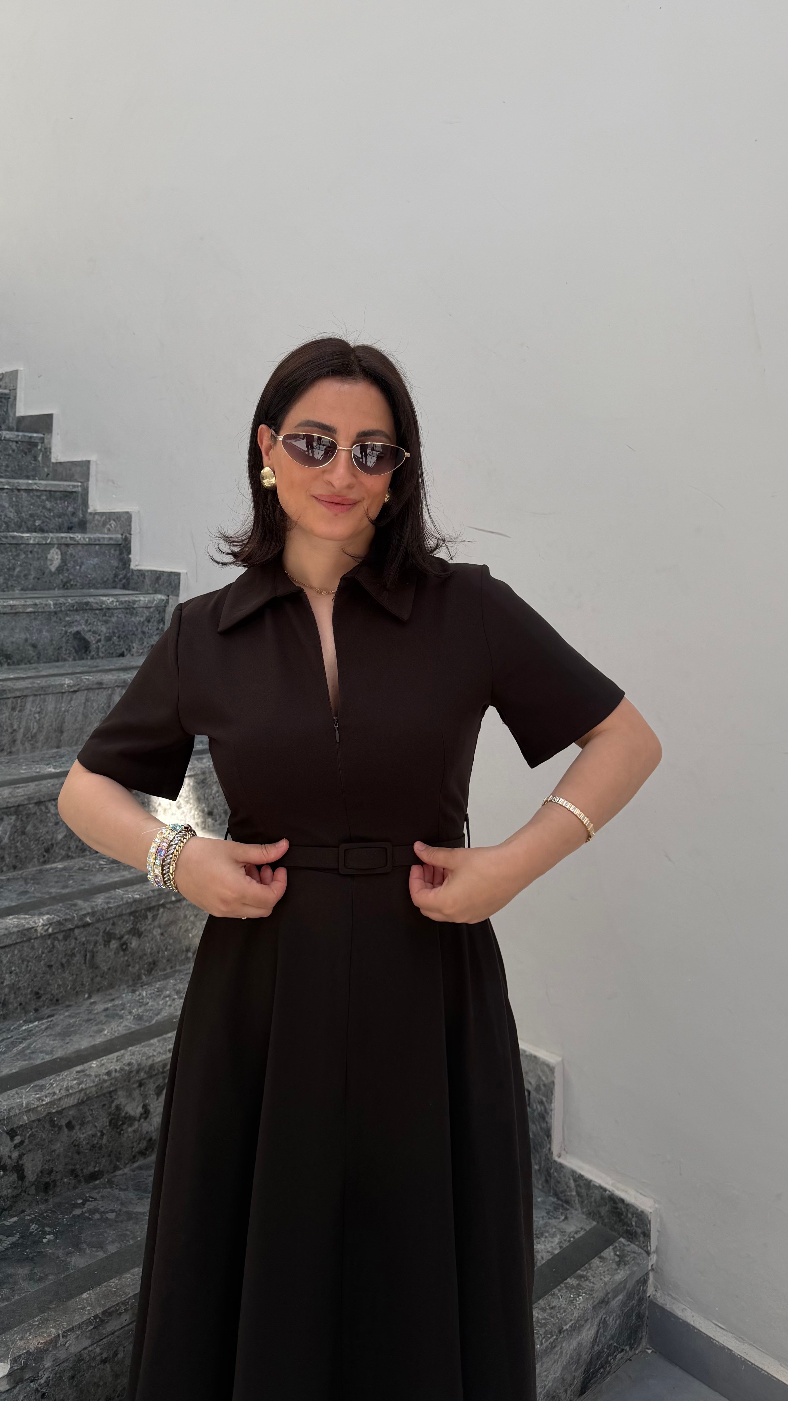 POLO YAKA  KEMERLİ ELBİSE ACI KAHVE