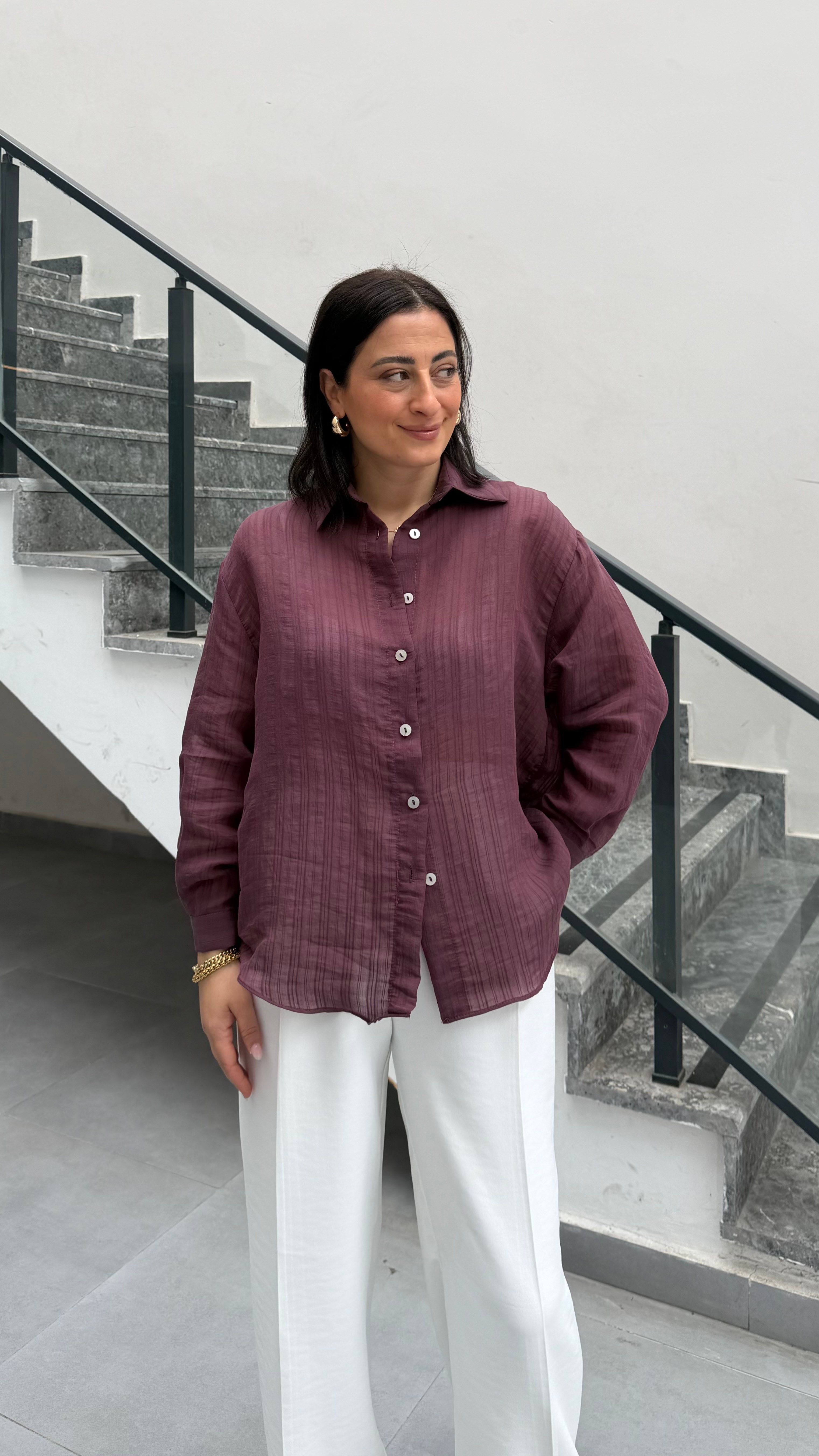 SOFİA ÇİZGİLİ OVERSİZE GÖMLEK MÜRDÜM
