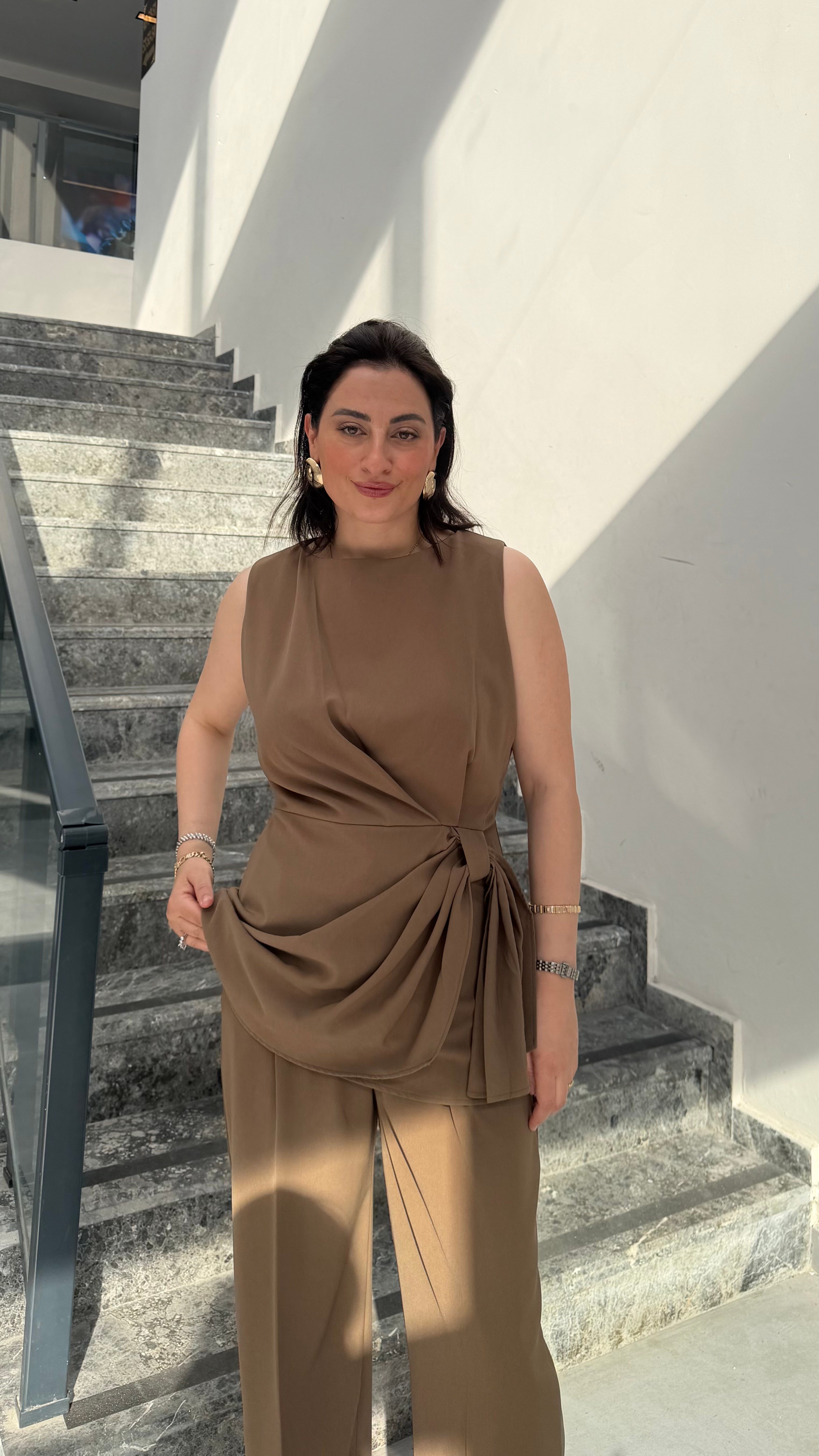 LUİSA KAHVE TASARIM BLUZ PANTOLON TAKIM VİZON