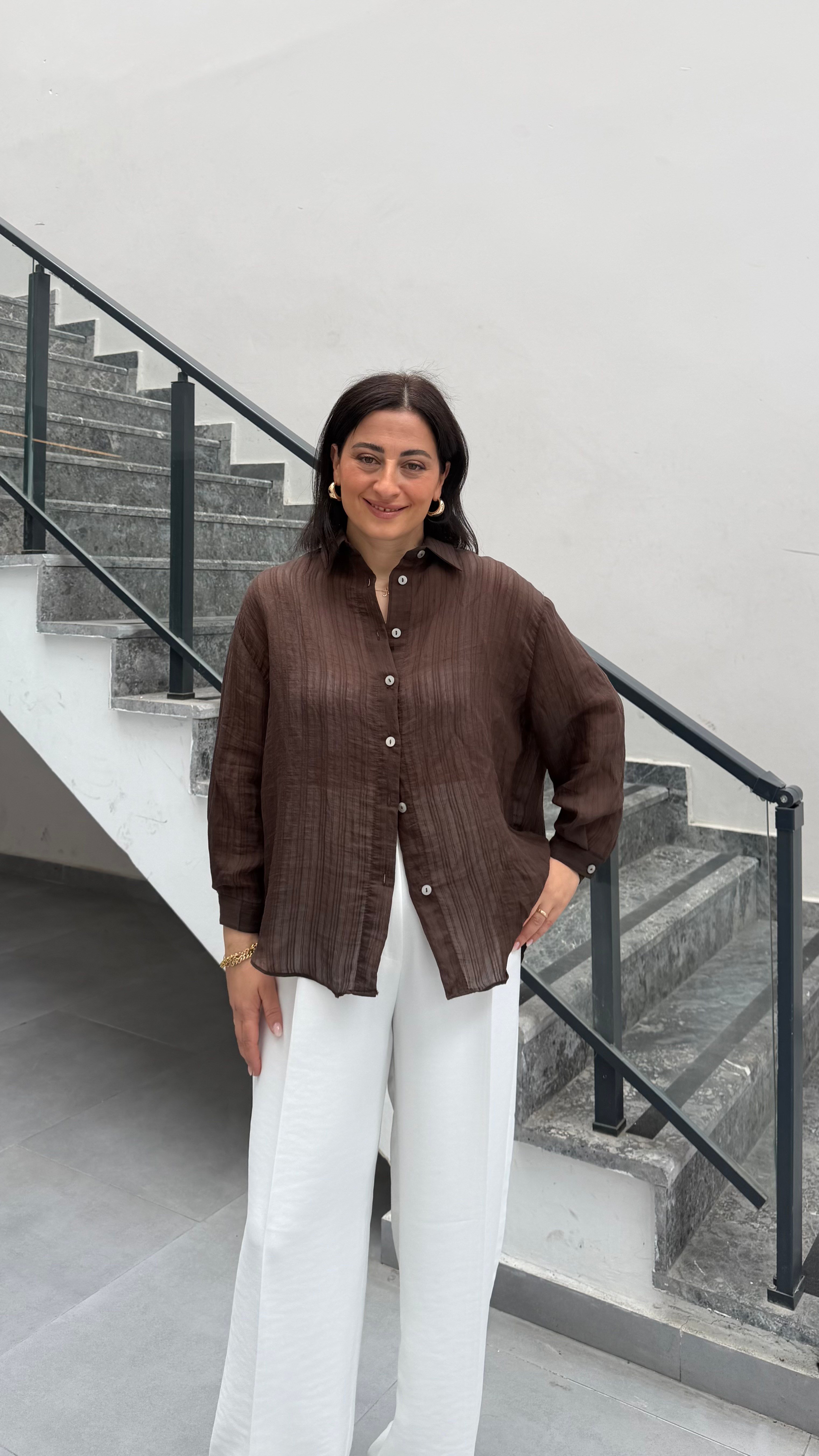 SOFİA ÇİZGİLİ OVERSİZE GÖMLEK KAHVE