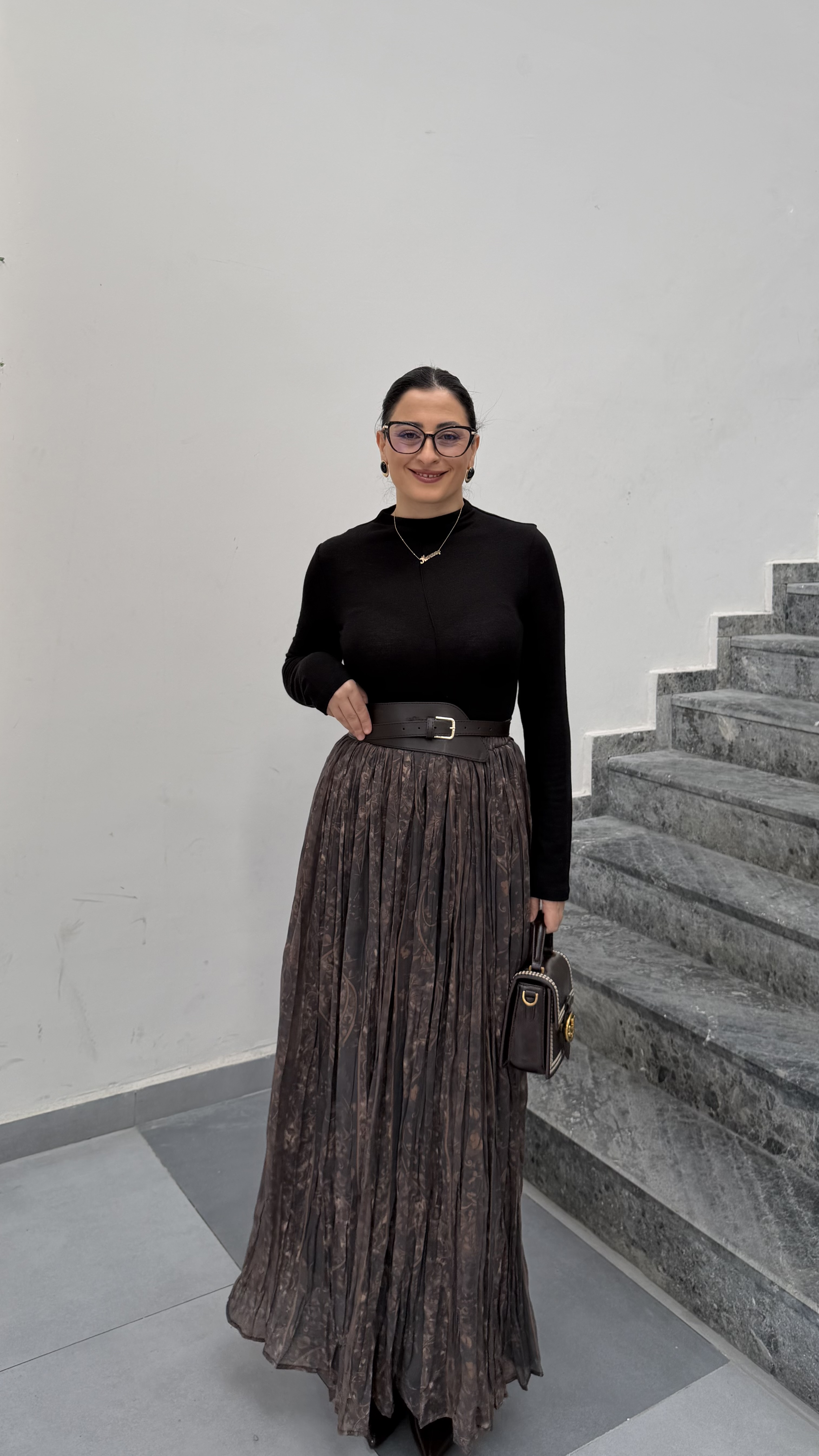 VİNTAGE RUHLU KAHVE DESENLİ KEMERLİ MAXİ ETEK