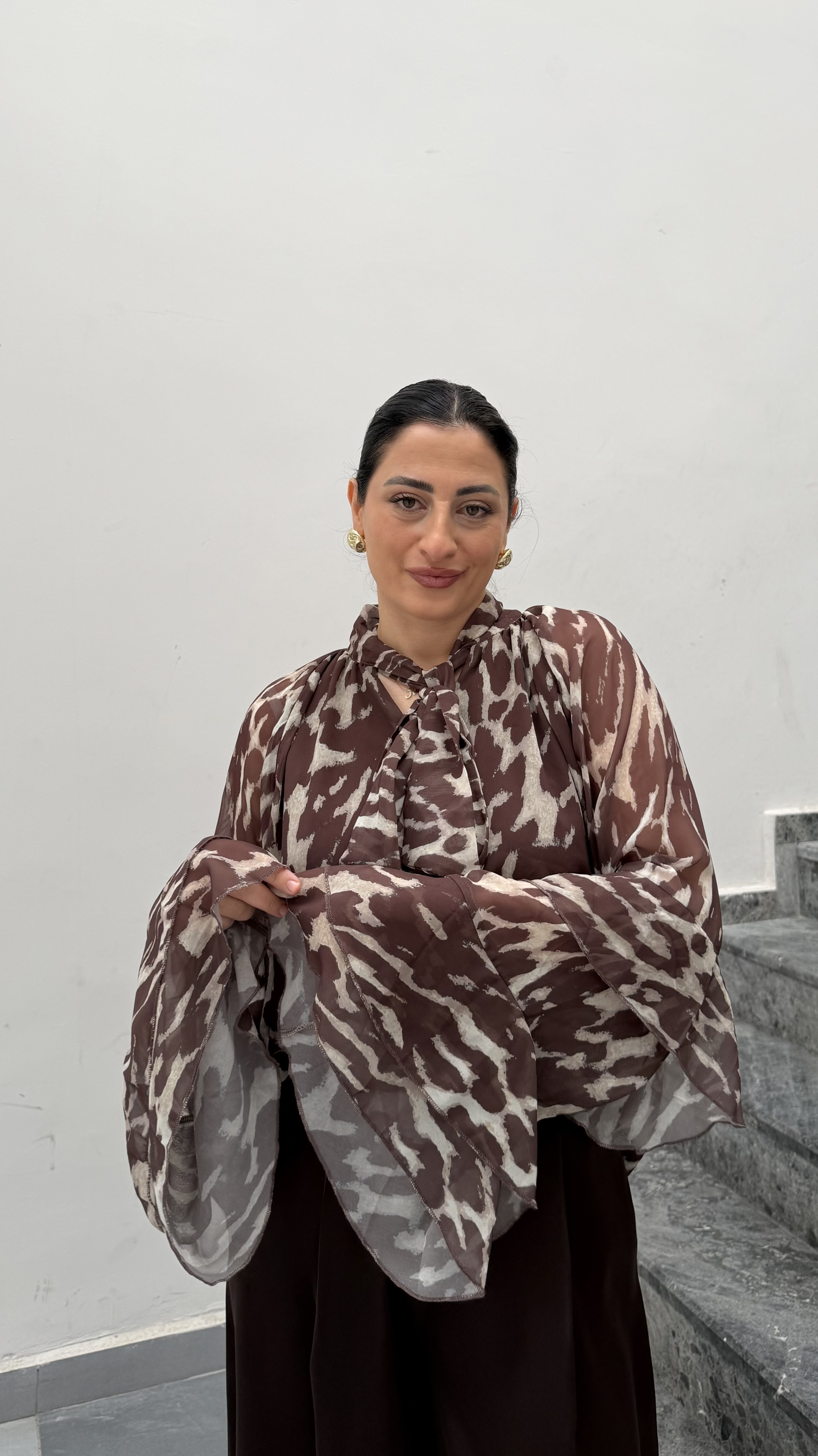 LEOPAR DESEN ŞİFON BLUZ-KAHVE