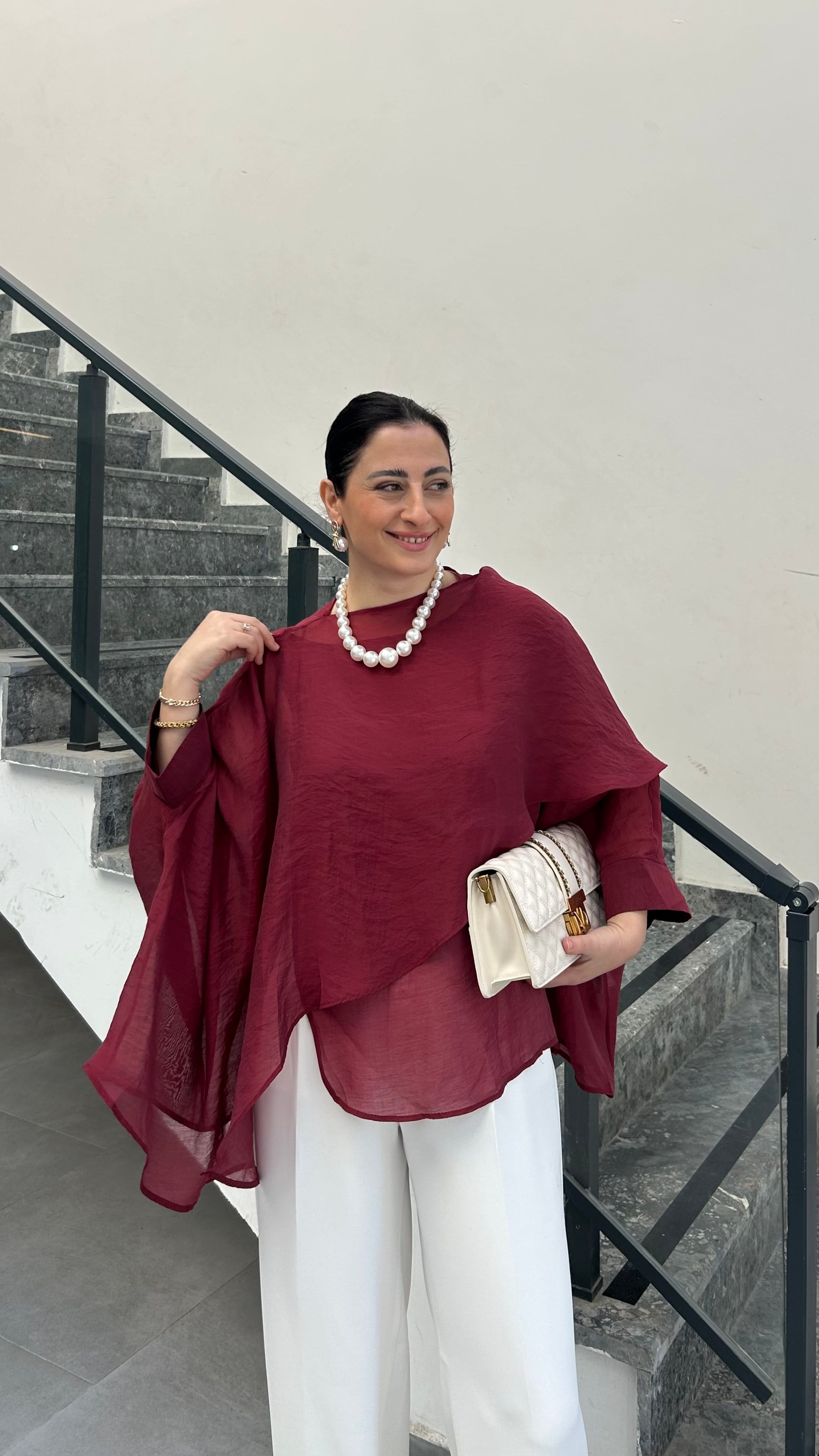 PELERİN DETAYLI ŞİFON BLUZ-BORDO 