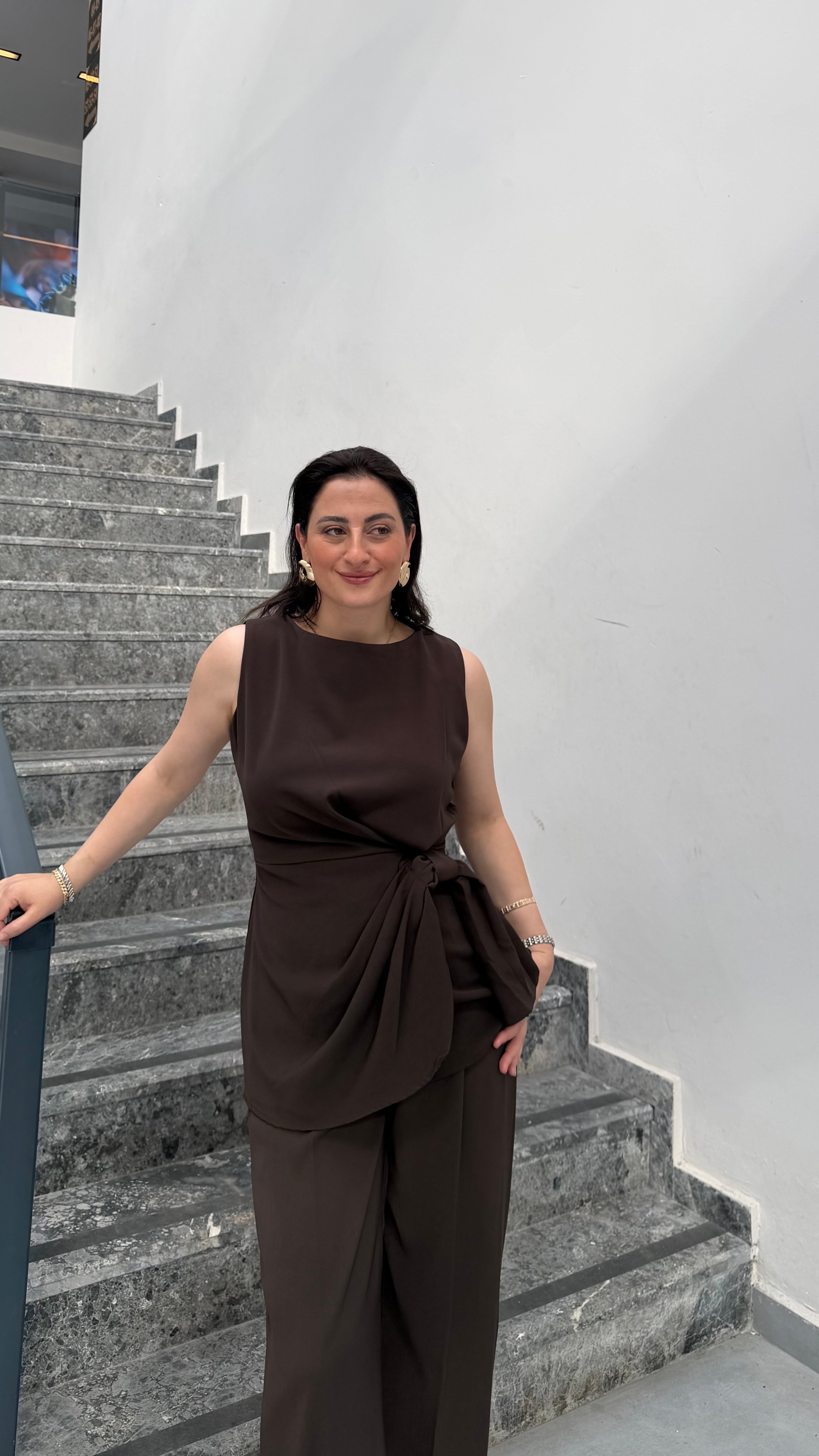 LUİSA KAHVE TASARIM BLUZ PANTOLON TAKIM KAHVE