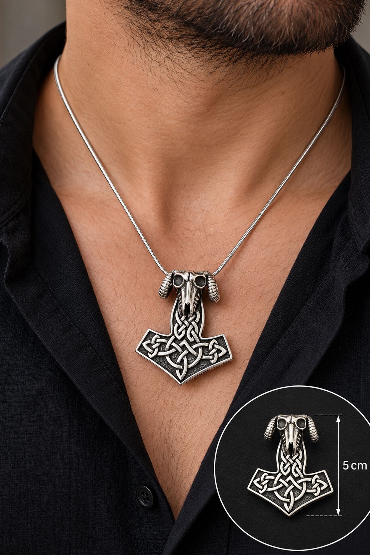 925 ayar Gümüş Koç başı viking thor cekic tasarım kolye