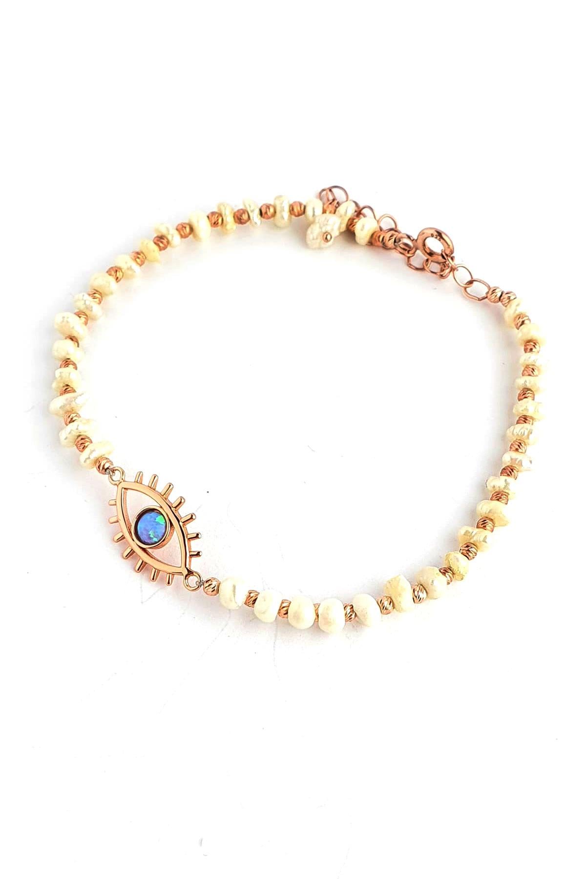 Barok İncili 925ayar Gümüş Rose Detaylı opal göz Bileklik