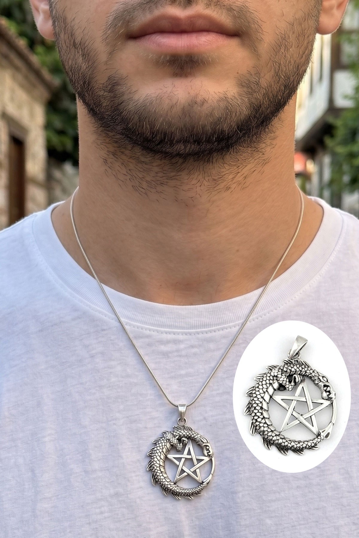 Ejderha ve pentagram figürlü 925 ayar Gümüş Tasarım kolye ucu
