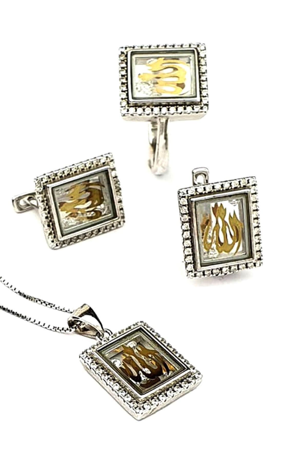 İçi swarovski taşlı Allah yazılı gümüş takı seti