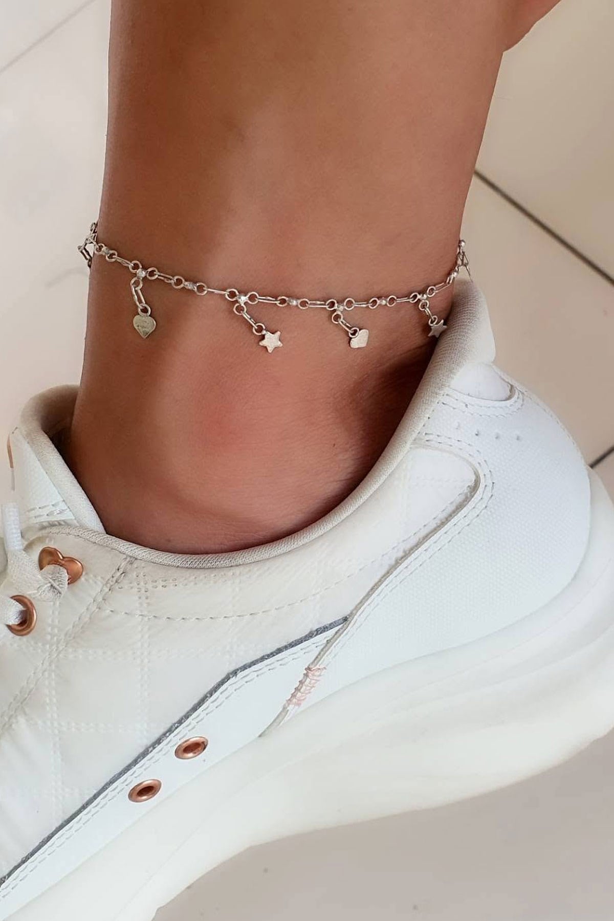 Kalp yıldız figürlü 925 ayar gümüş tasarım zilli halhal