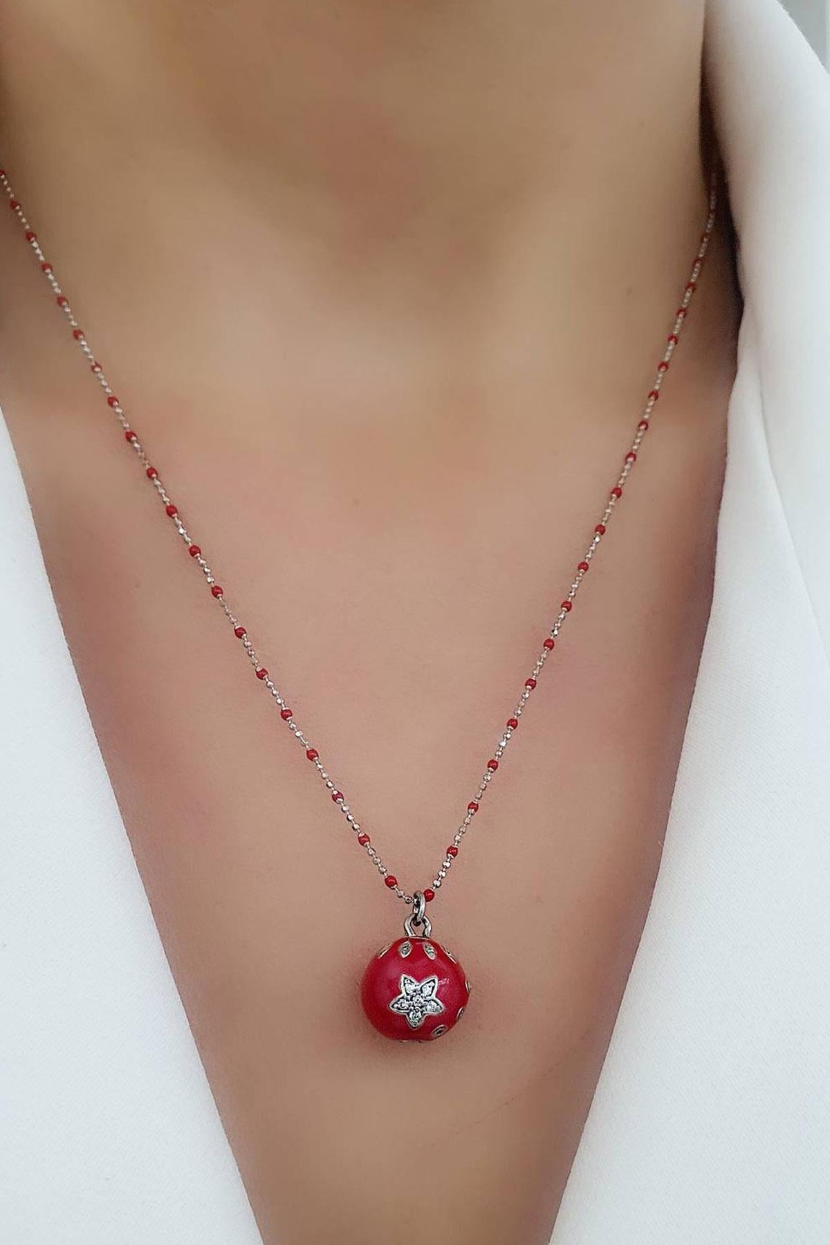 Kırmızı Mineli 925ayar Gümüş Zinciri Asansörlü Tasarım Yılbaşı Şans  kolyesi zincir max boy 60cm 