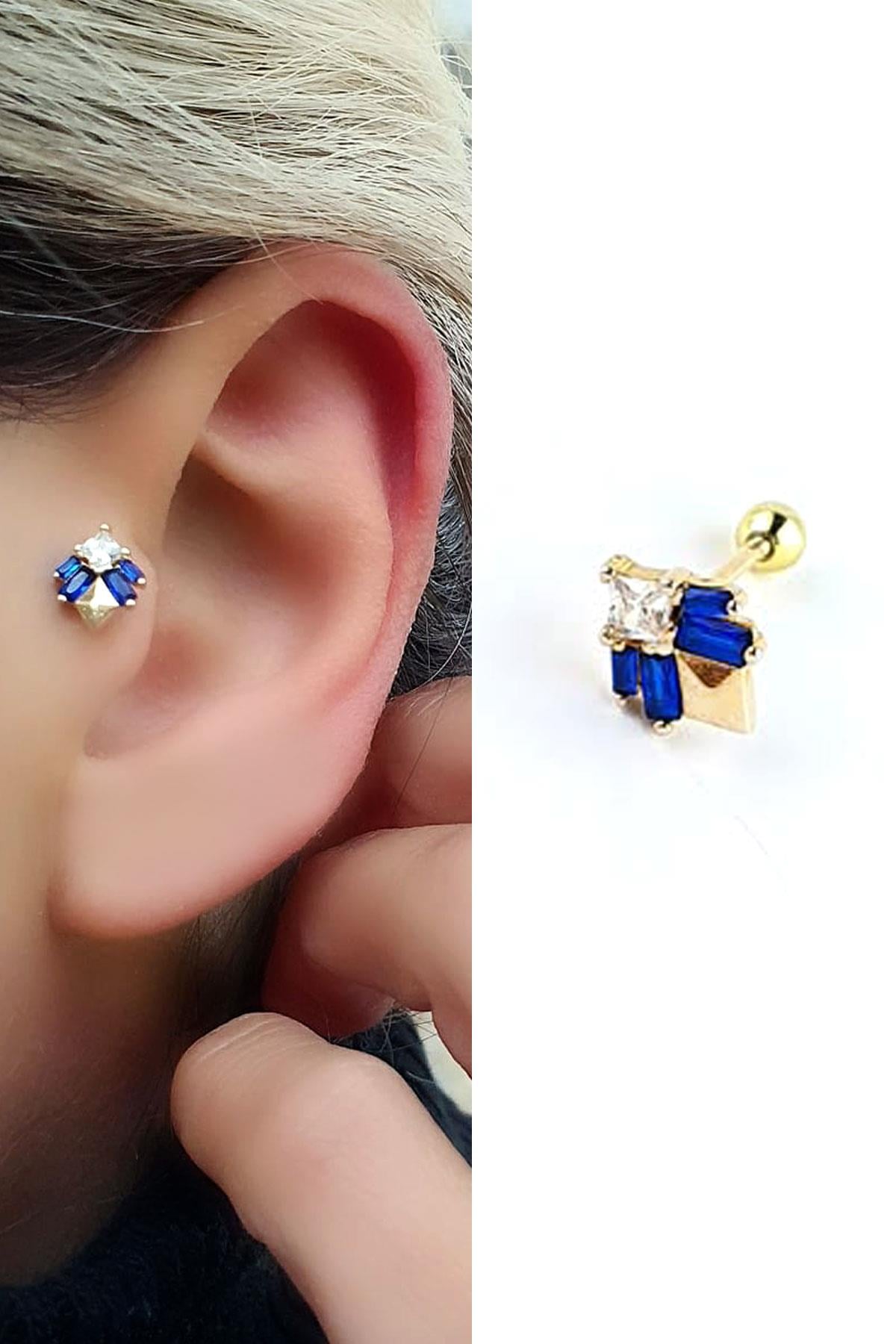 Lacivert Baget Zirkon taş Detaylı 925ayar gümüş Üzerine altın kaplama Luxury Tasarım Tragus Kıkırdak Helix Piercing