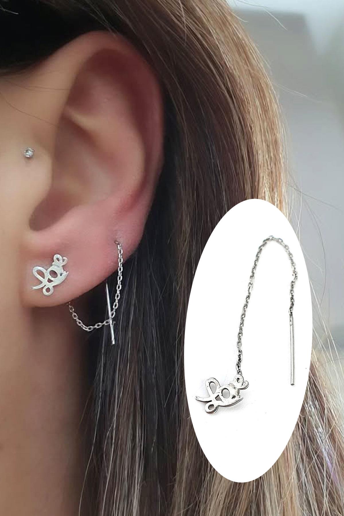 Love Yazılı 925 ayar gümüş tek zincir küpe
