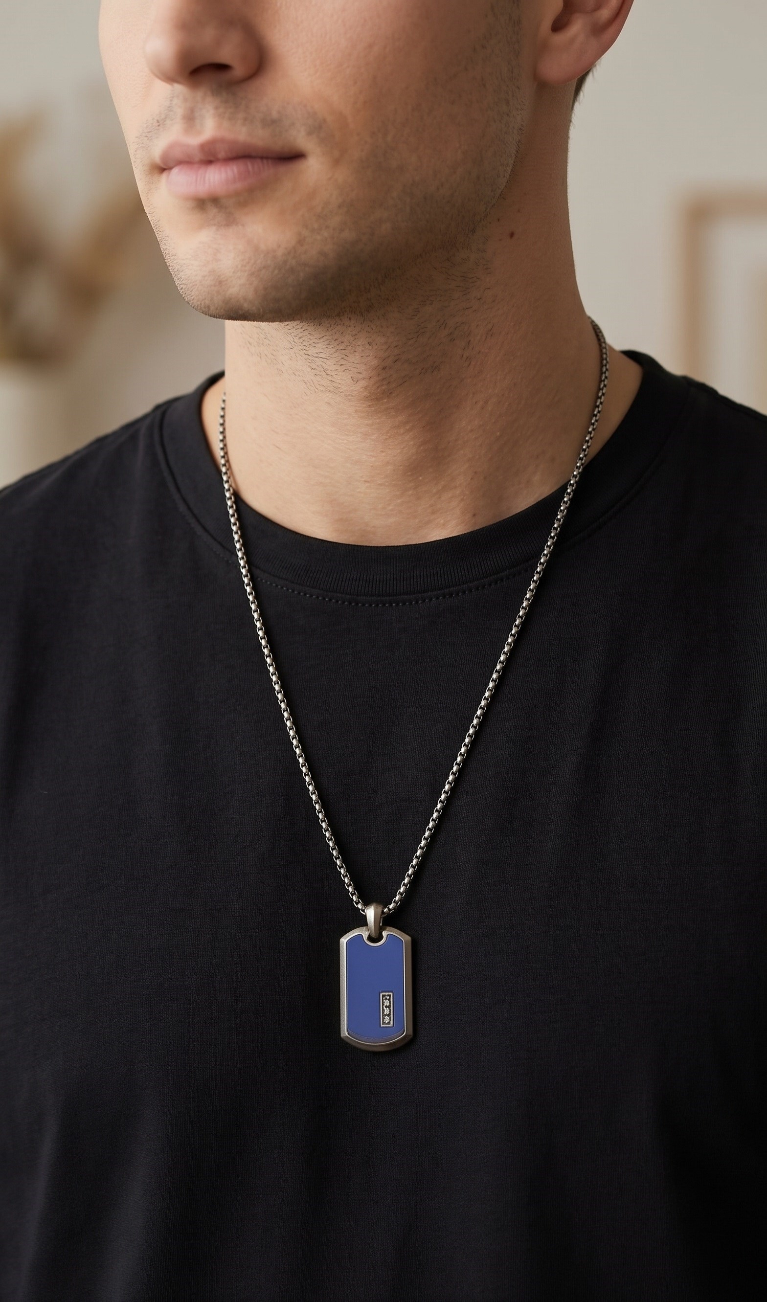 Masculine Trace Lapis Lazuli ve Oniks Taş detaylı 925ayar Gümüş Tasarım Erkek Kolye  