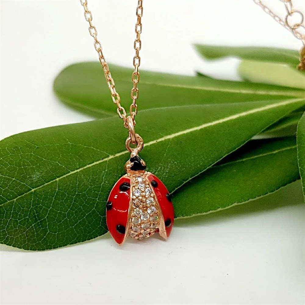 Mine İşçiliğinde Uğur Böceği 925 Ayar Gümüş Rose Kolye