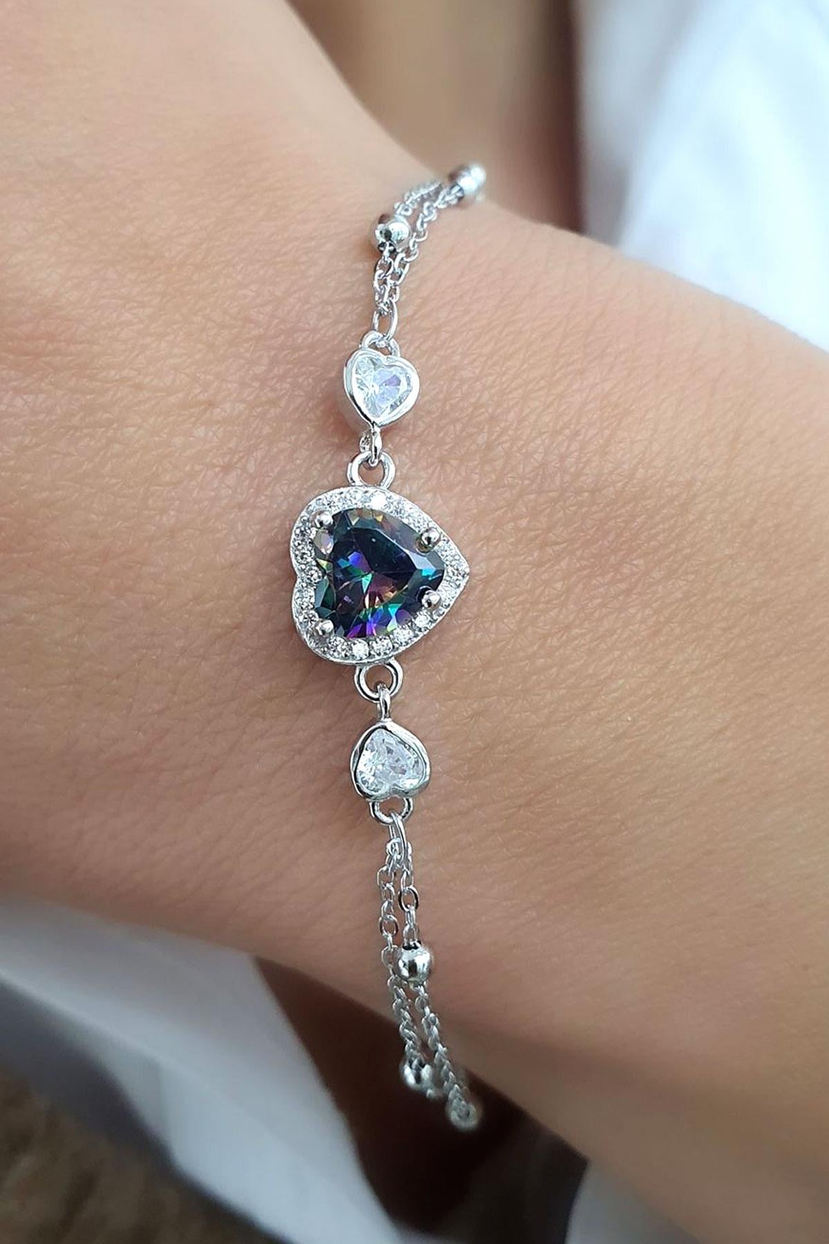 Mistik Topaz Taşlı 925ayar Gümüş Kalp Figürlü Bileklik