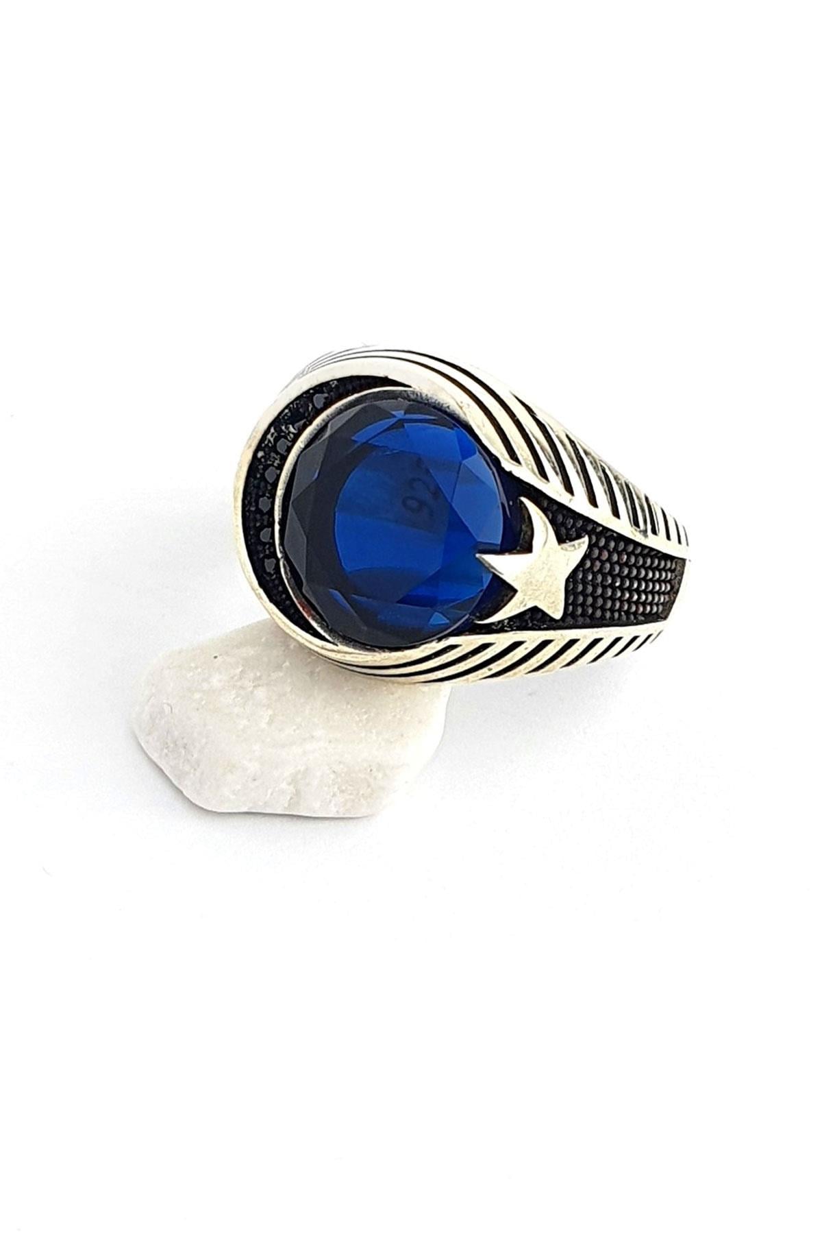 Oniks Taş Detaylı Lacivert zirkon Taşlı 925ayar Gümüş Ay Yıldız Erkek Yüzük