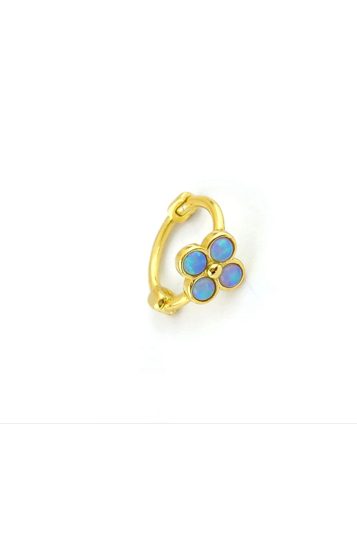 Opal Taşlı 925Ayar Gümüş Üzerine  Altın Kaplama Çiçek Figürlü Kıkırdak Tragus Halka Küpe