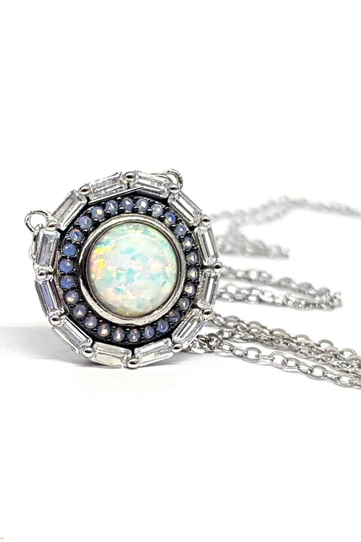 Opal Taşlı İtalyan Tasarımı Lüks Gümüş Kolye