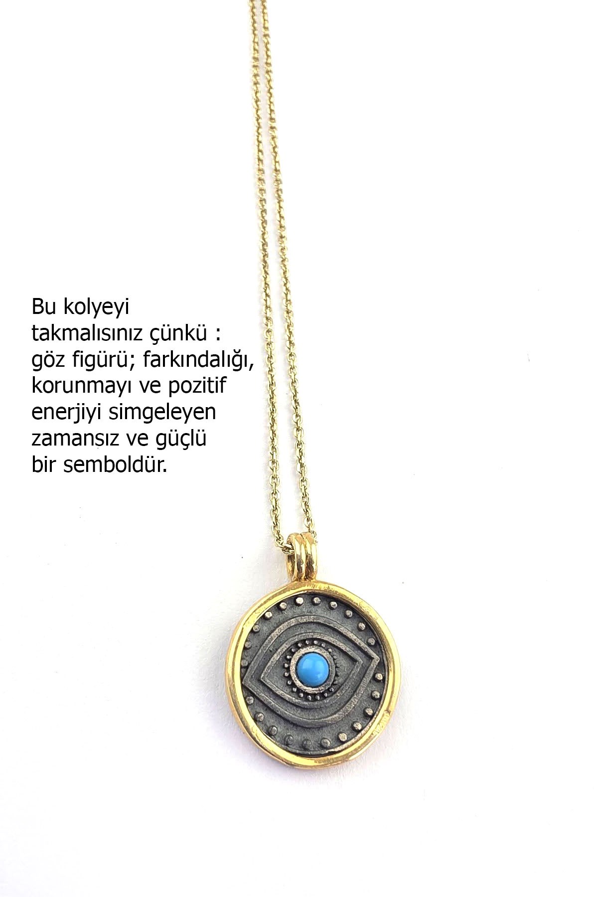 Osevia 925 ayar Gümüş Üzerine Altın Kaplama turkuaz Taşlı göz figurlu kolye 