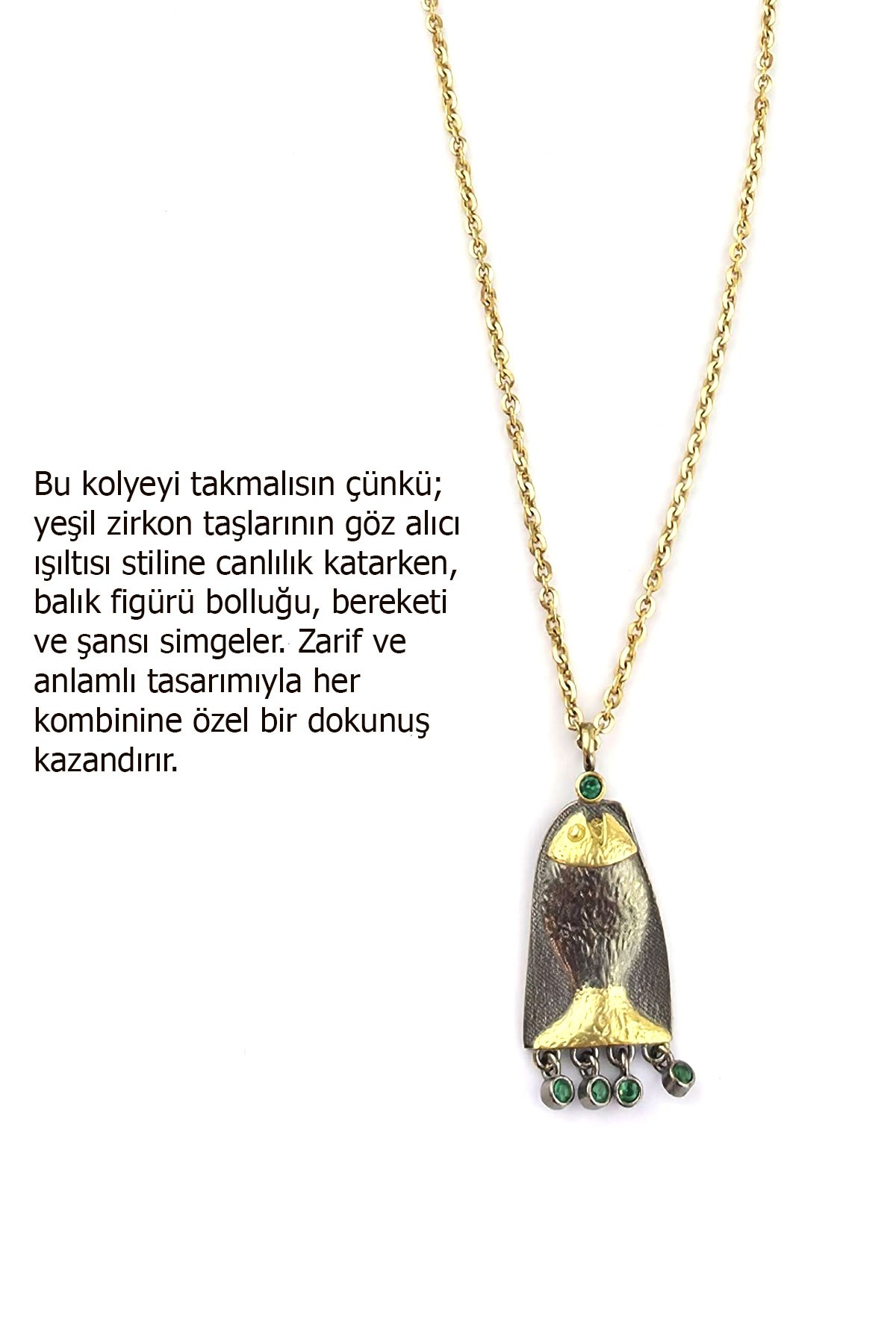 Osevia Yeşil Zirkon Taşlı 925ayar Gümüş Üzerine Altın Kaplama Tasarım balık kolye
