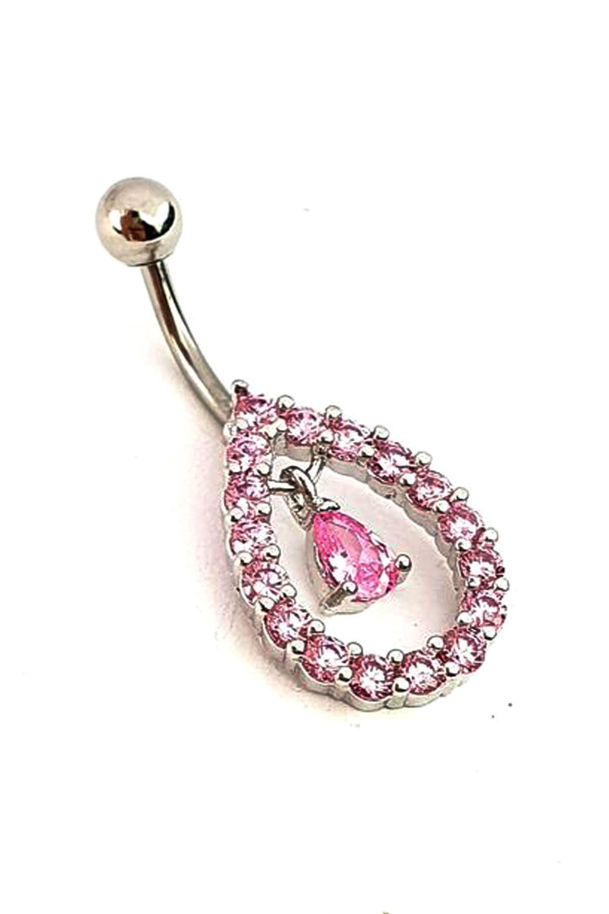 Pembe zirkon taşlı 316L anti alerjik cerrahi çelik göbek piercing