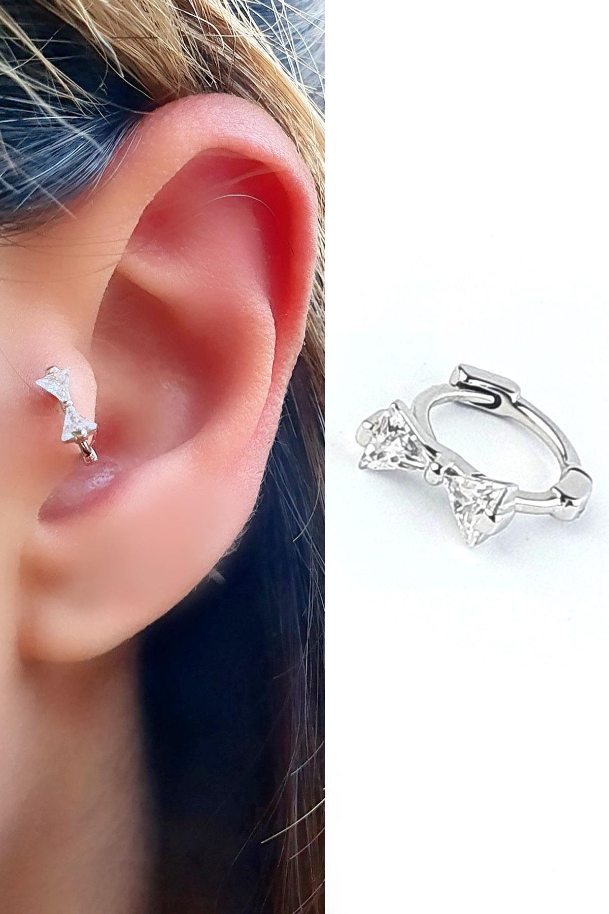 Pırlanta Parlaklığında Zirkon Taşlı 925ayar Gümüş Fiyonk  Tragus Kıkırdak Helix Halka Piercing