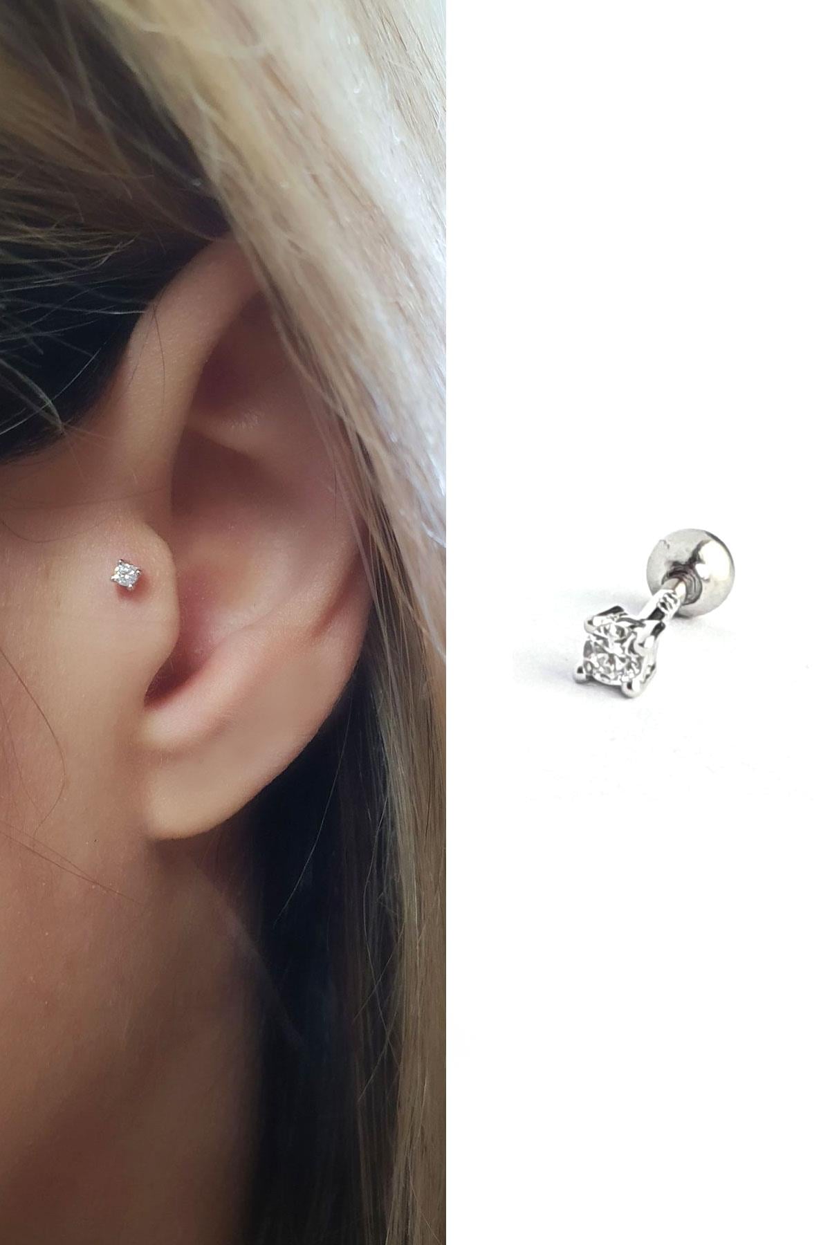 Pırlanta Parlaklığında Zirkon Taşlı 925ayar Gümüş Tragus Helix Kikirdak piercing 
