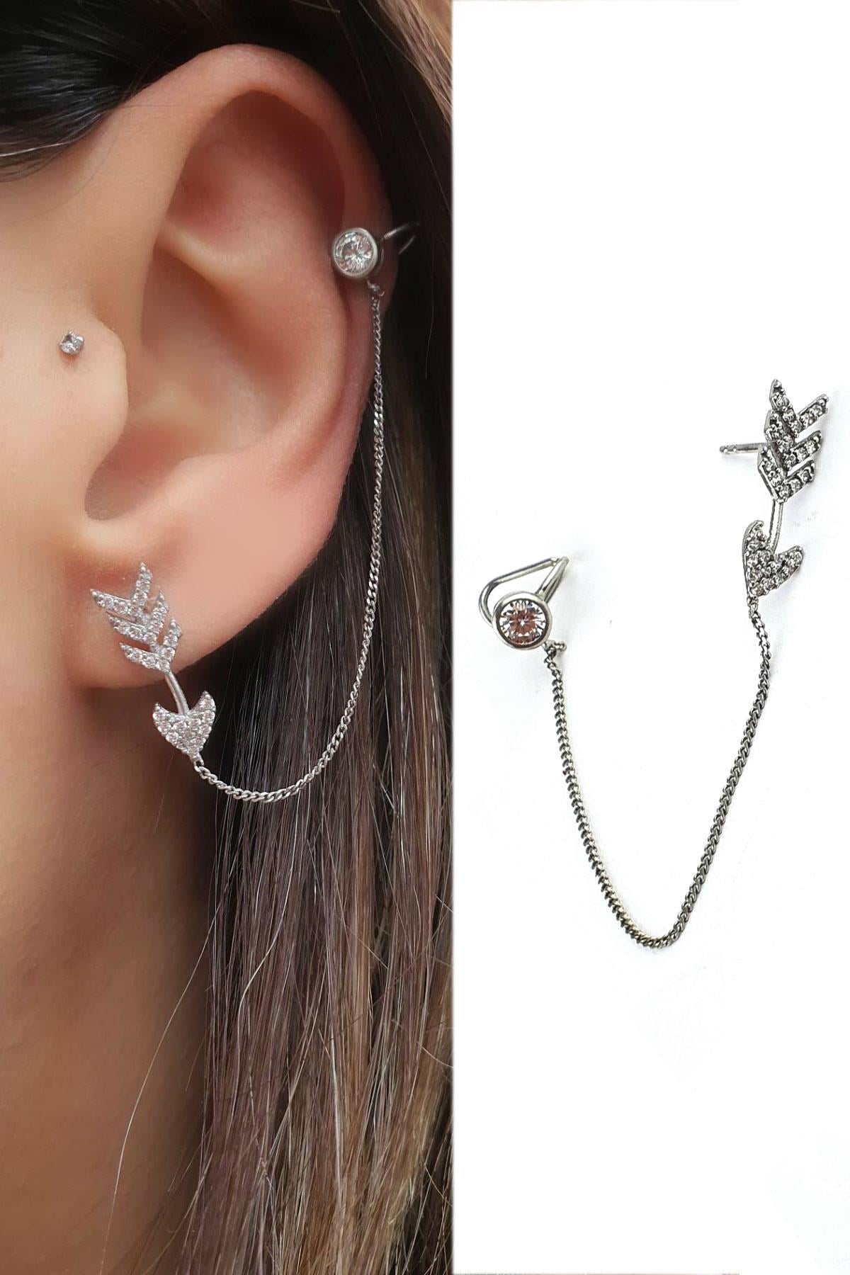 Pırlanta Parlaklığında Zirkon Taşlı 925ayar Gümüş Sıkıştırmalı Kıkırdak Küpesi detaylı tasarım küpe